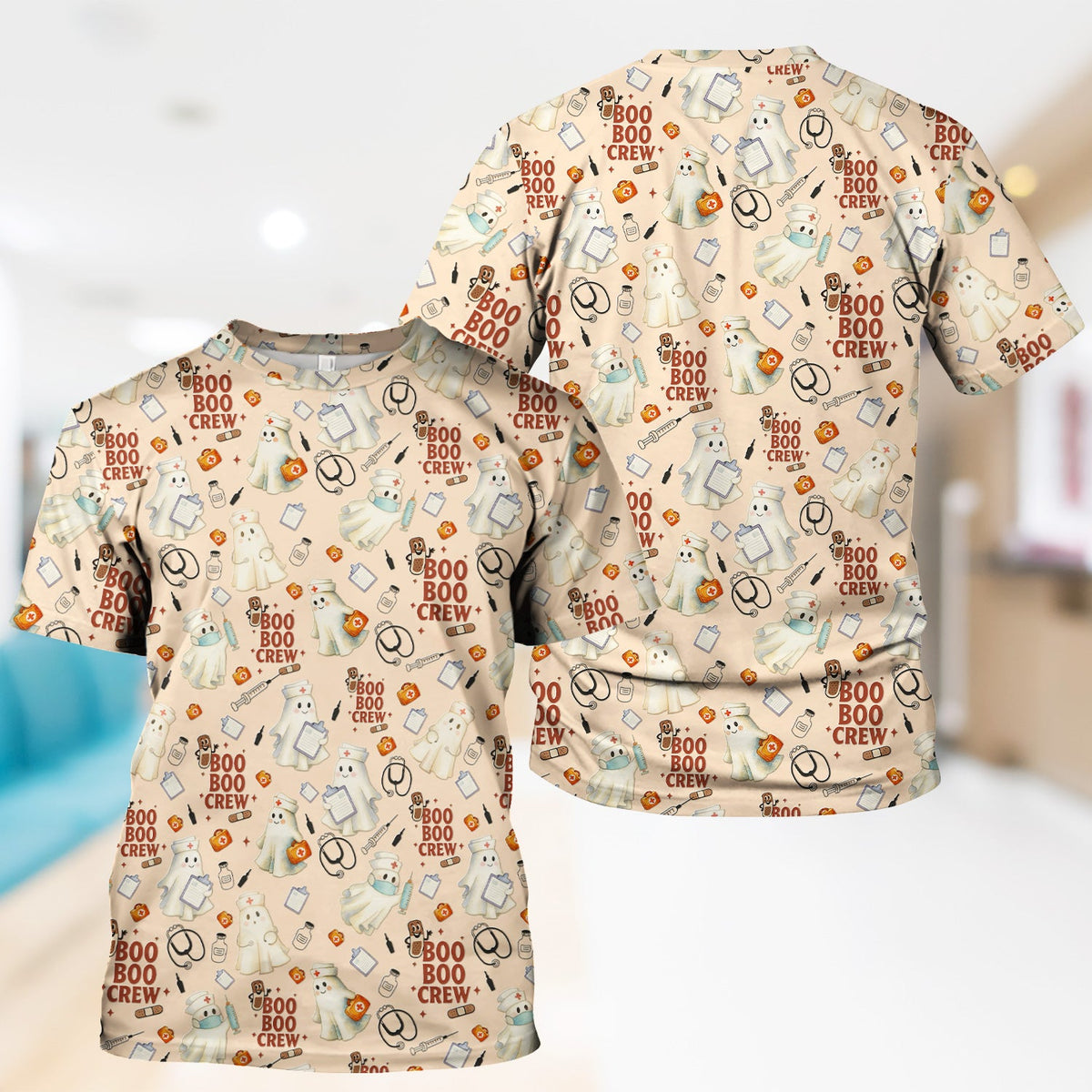 Boo Boo Crew Funny Ghost Nurse Scrub Top