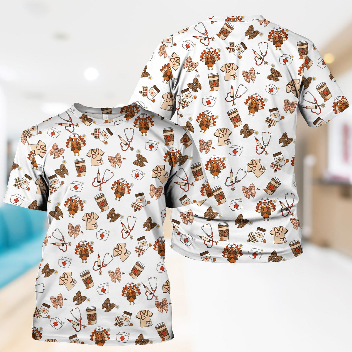 Cute Nurse Fall Season Scrub Top - Thanksgiving Turkey & Stethoscope Medical Design  - Gift for RN LPN CNA