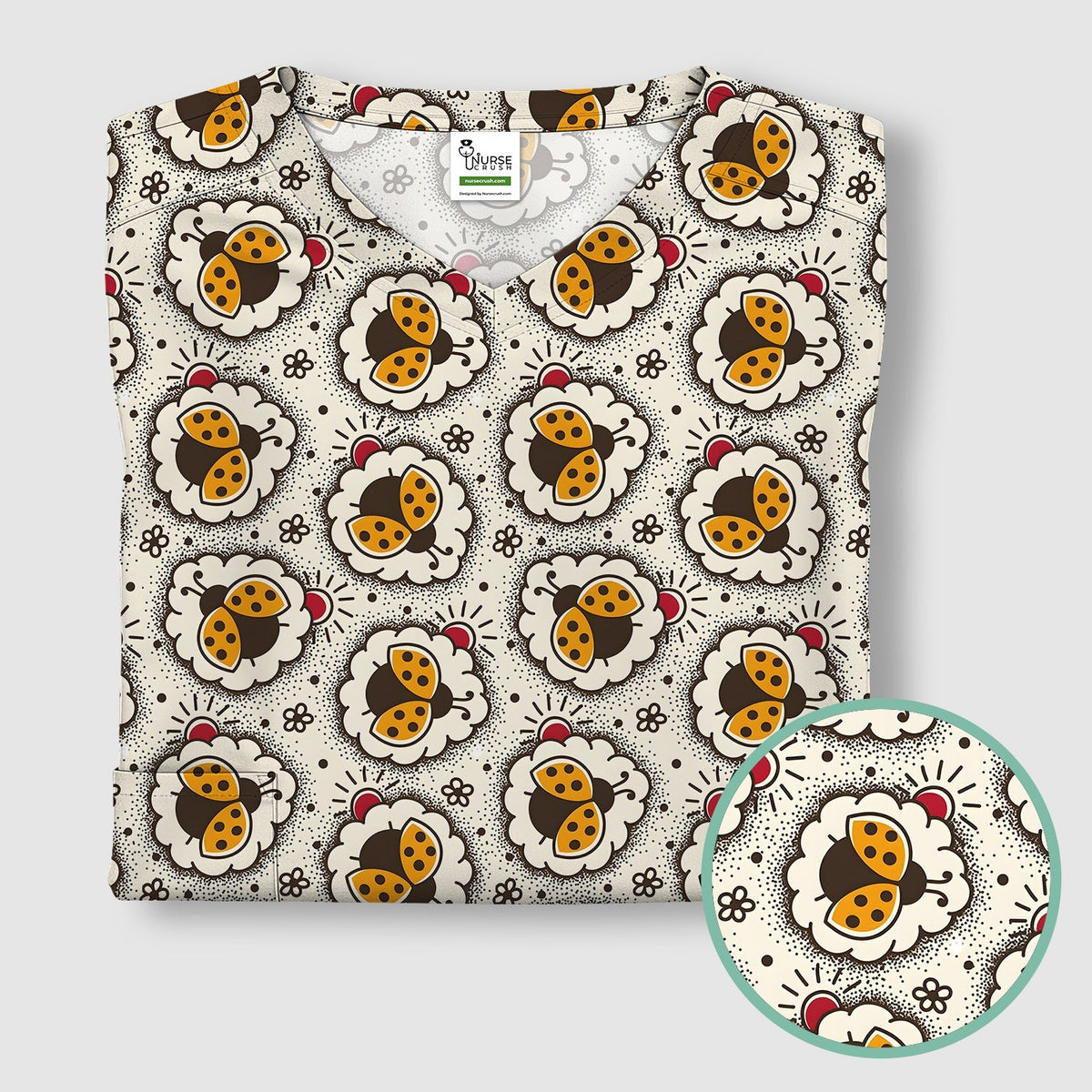 Ladybug Floral Frame Nurse Scrub Top