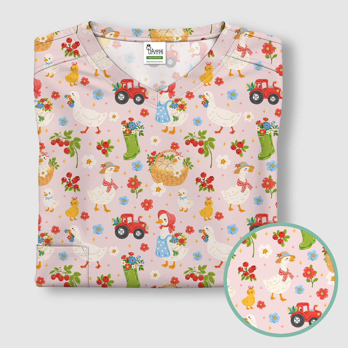 Farm Duck Chicken Tractor Flower Basket Nurse Scrub Top