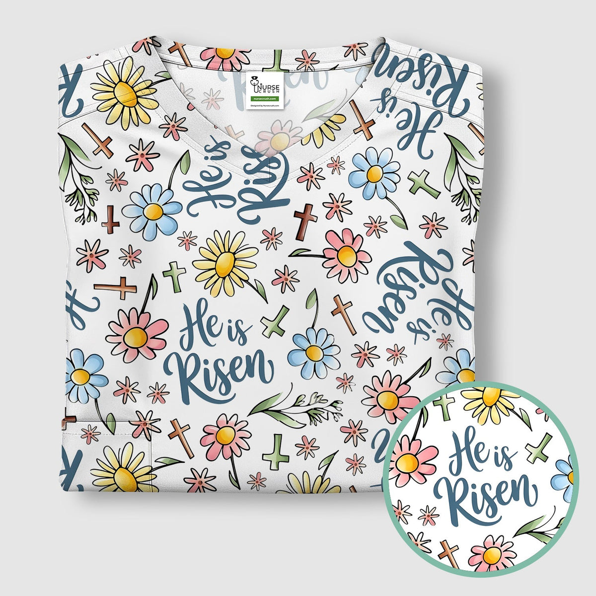 Risen Cross Flower Nurse Scrub Top - Easter Gift