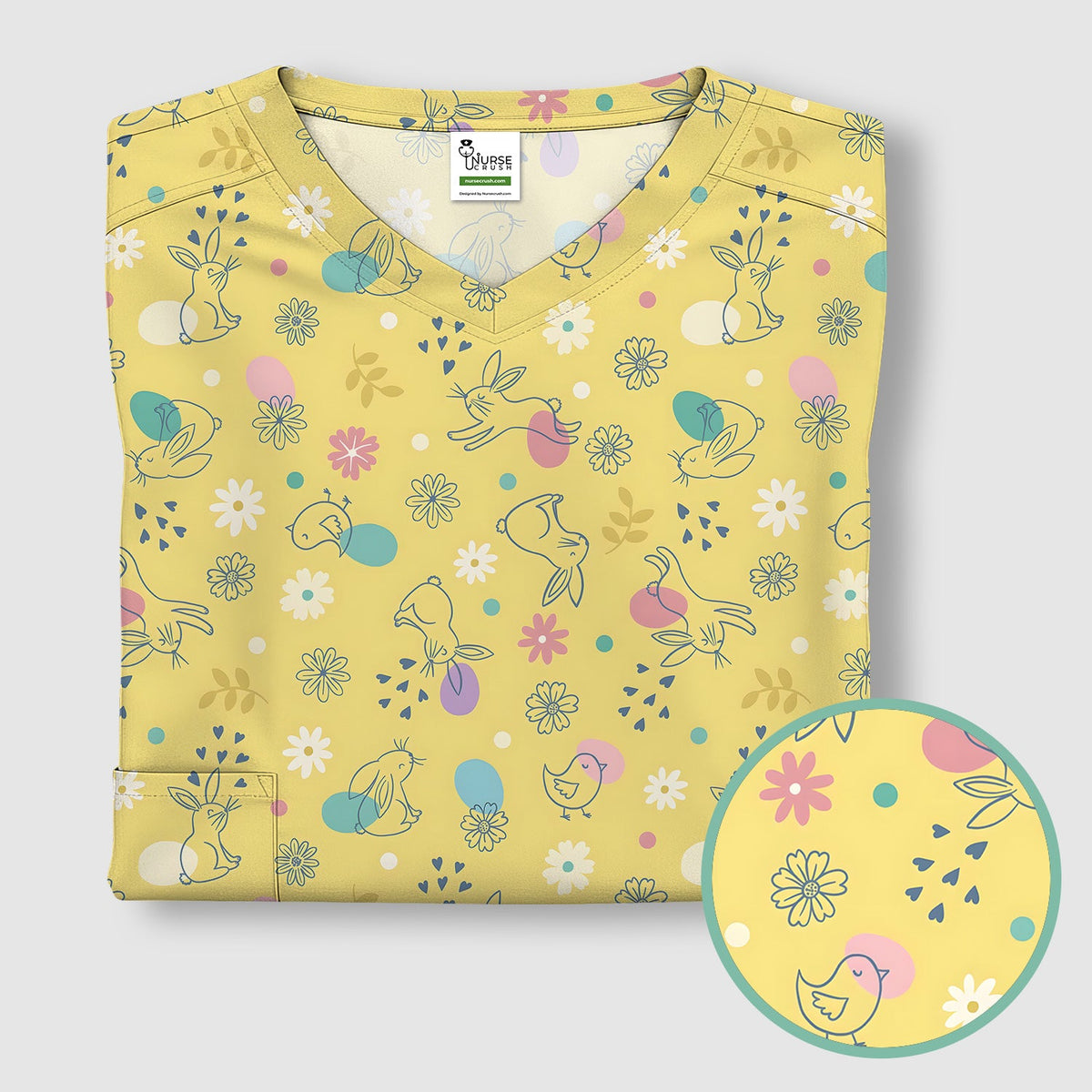 Whimsical Easter Bunny Eggs Nurse Scrub Top
