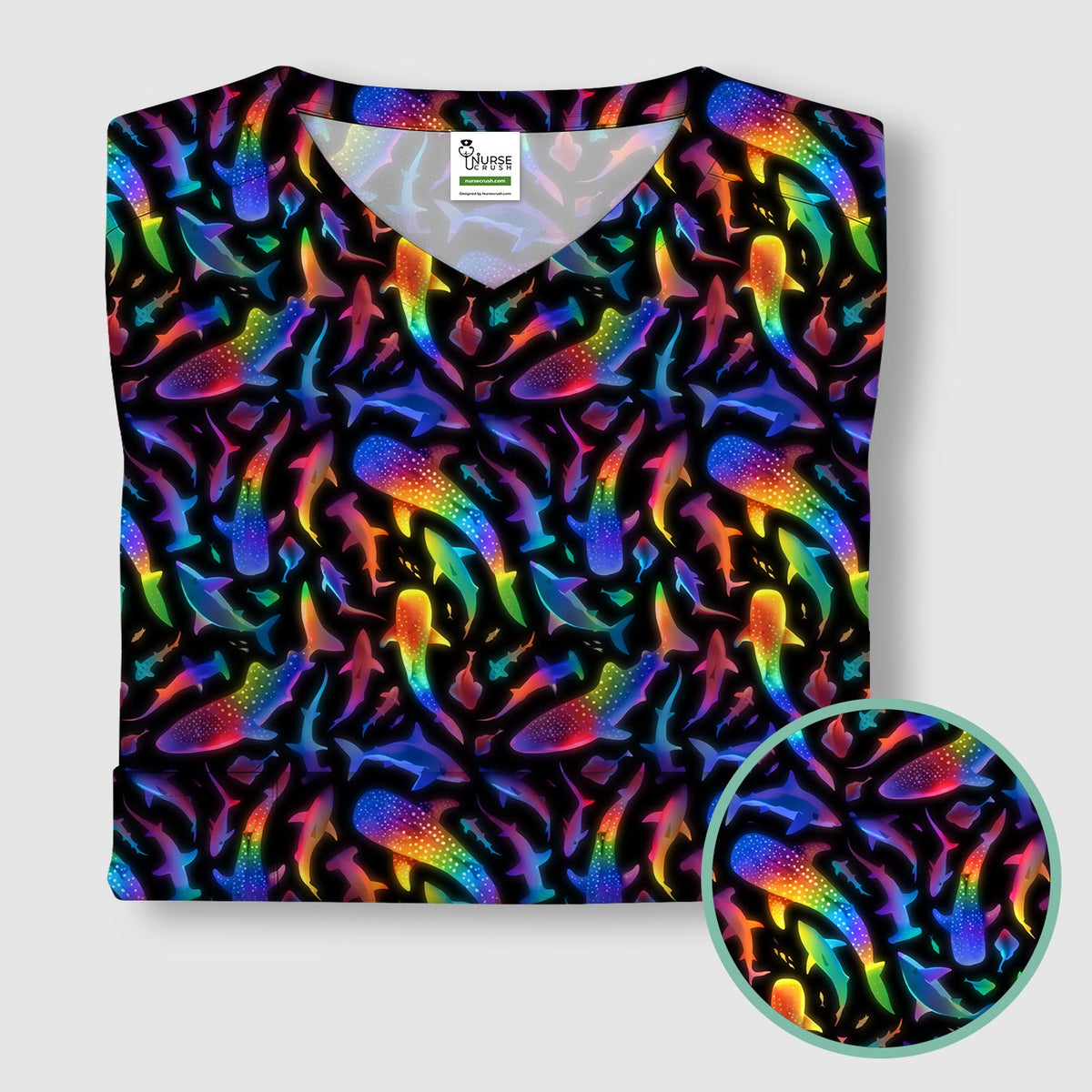Vibrant Rainbow Shark Pattern Scrub Top, Comfortable Scrubs For Nurses