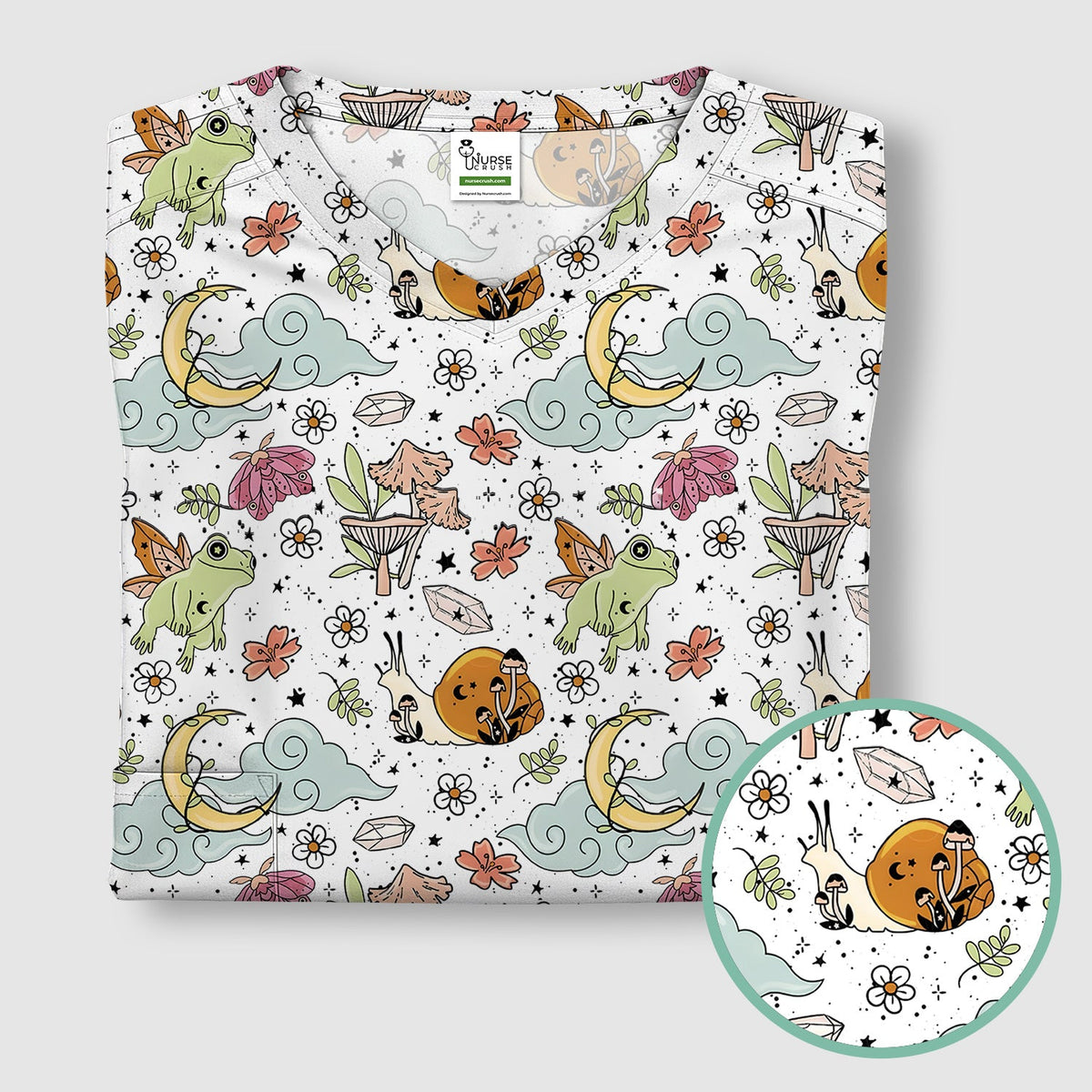 Whimsical Frog Moon Mushroom Nurse Scrub Top