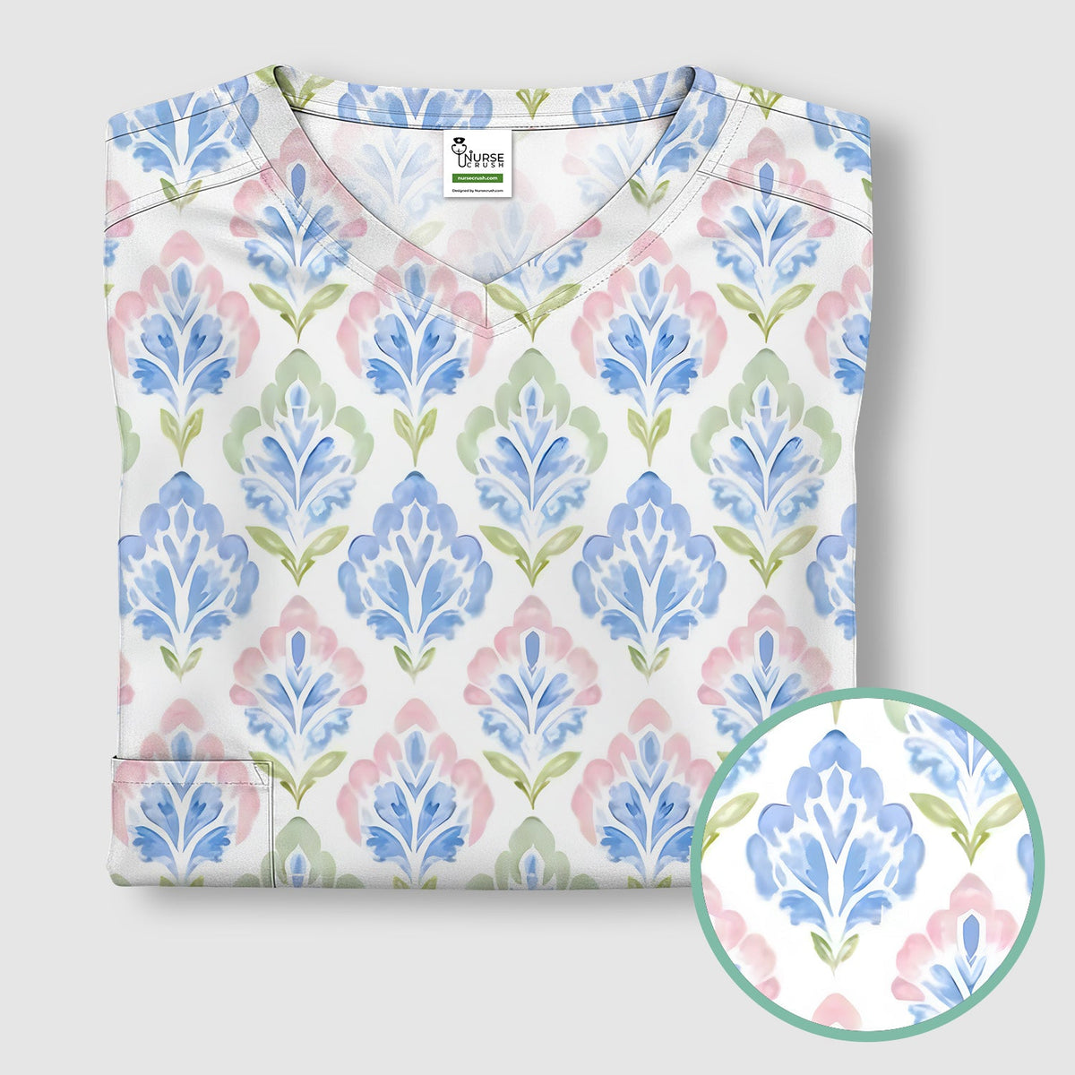 Blue Floral Damask Nurse Scrub Top