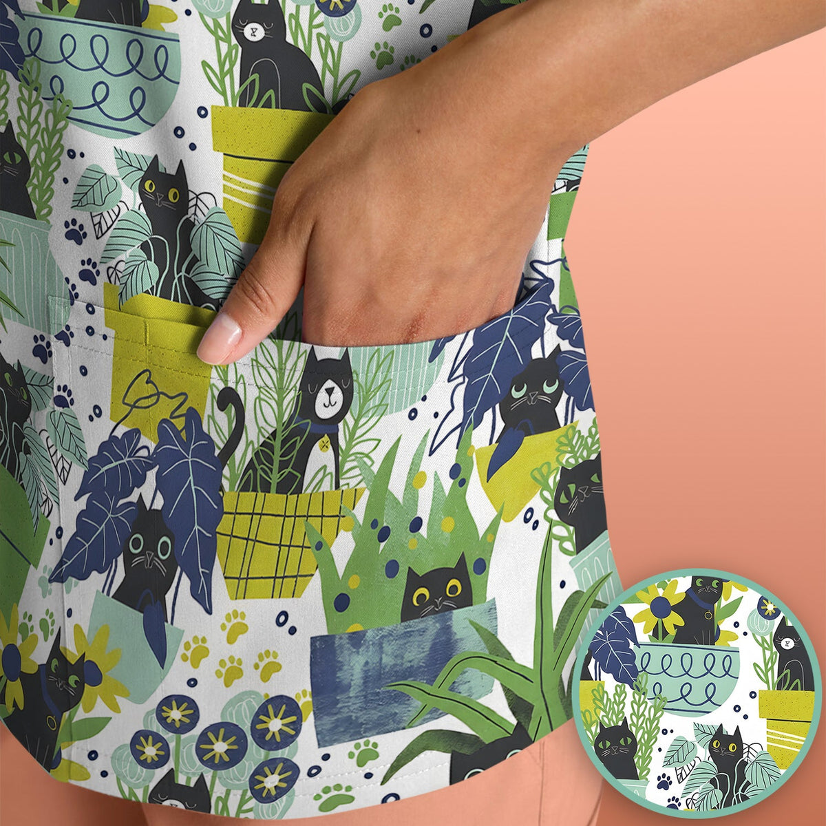Black Cat Planter Garden Nurse Scrub Top