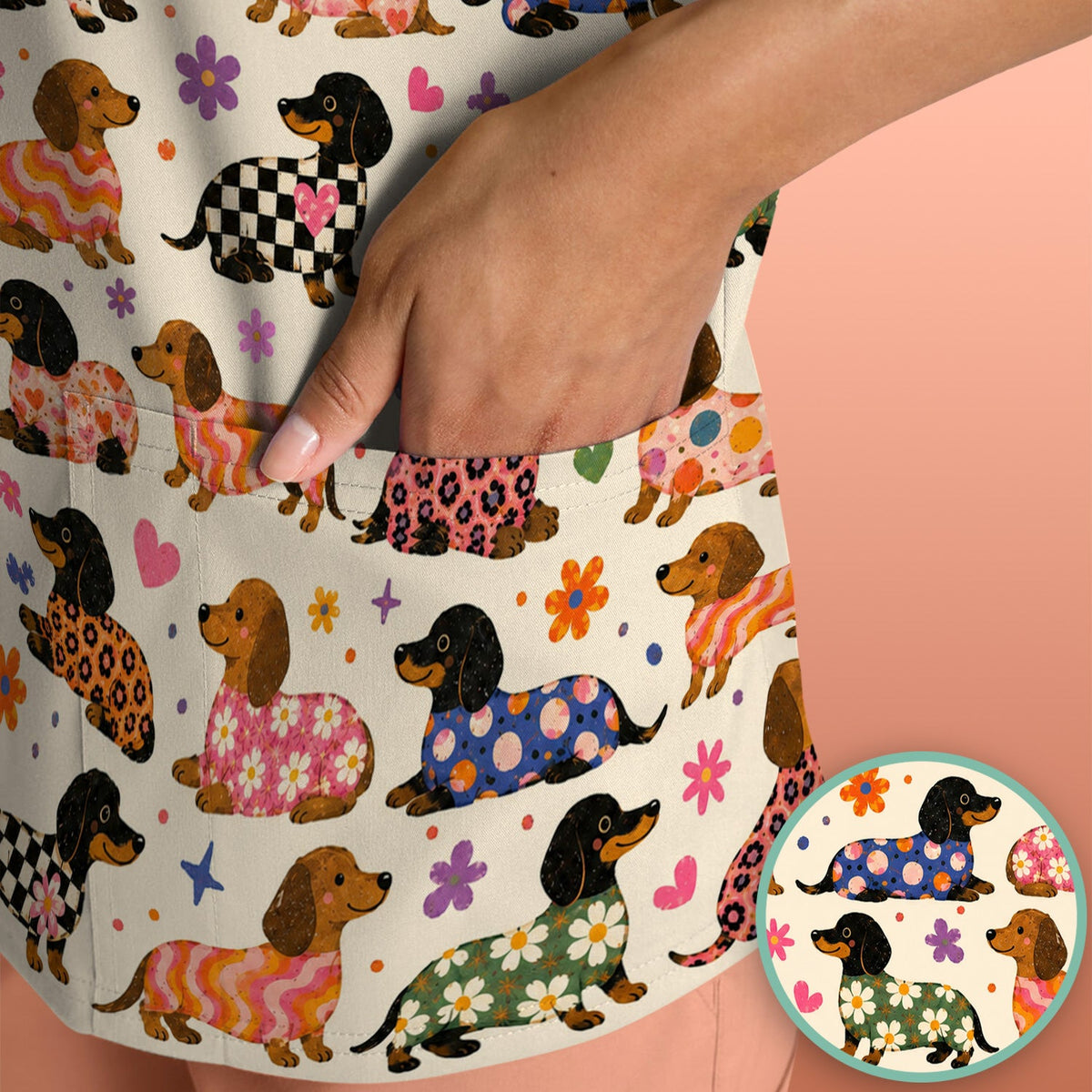 Floral Dachshund Print Nurse Scrub Top