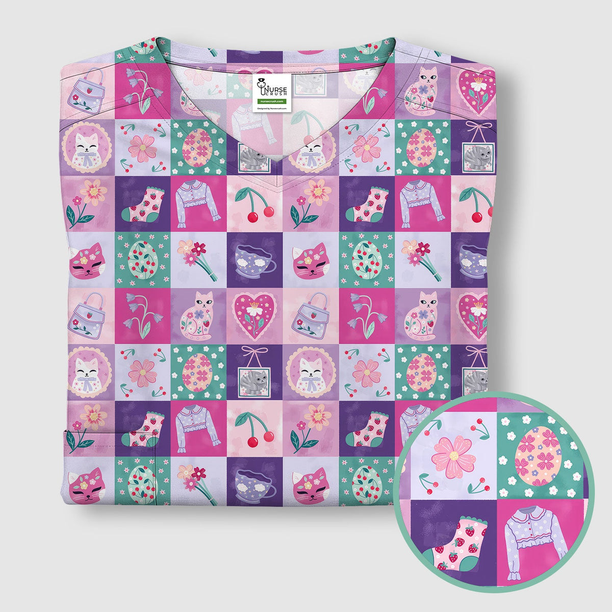 Pastel Cat Patchwork Kawaii Nurse Scrub Top