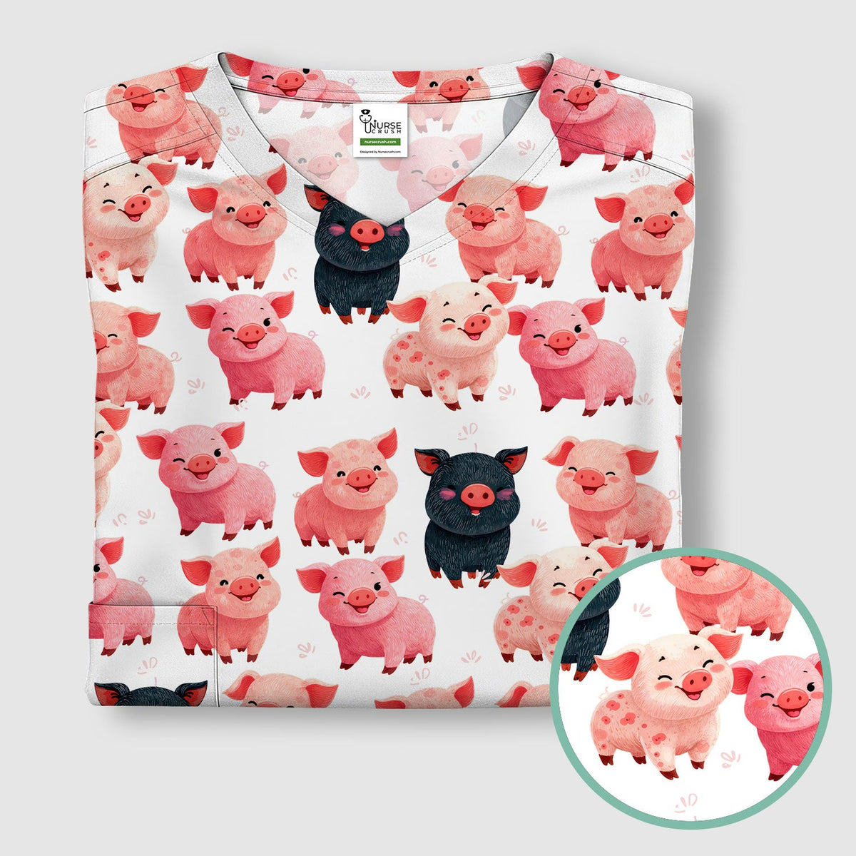 Funny Farm Pig Cartoon Pattern Scrub Top, Comfortable Scrubs for Nurses