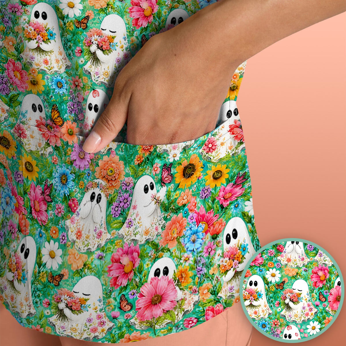 Halloween Floral Ghosts Nurse Scrub Top