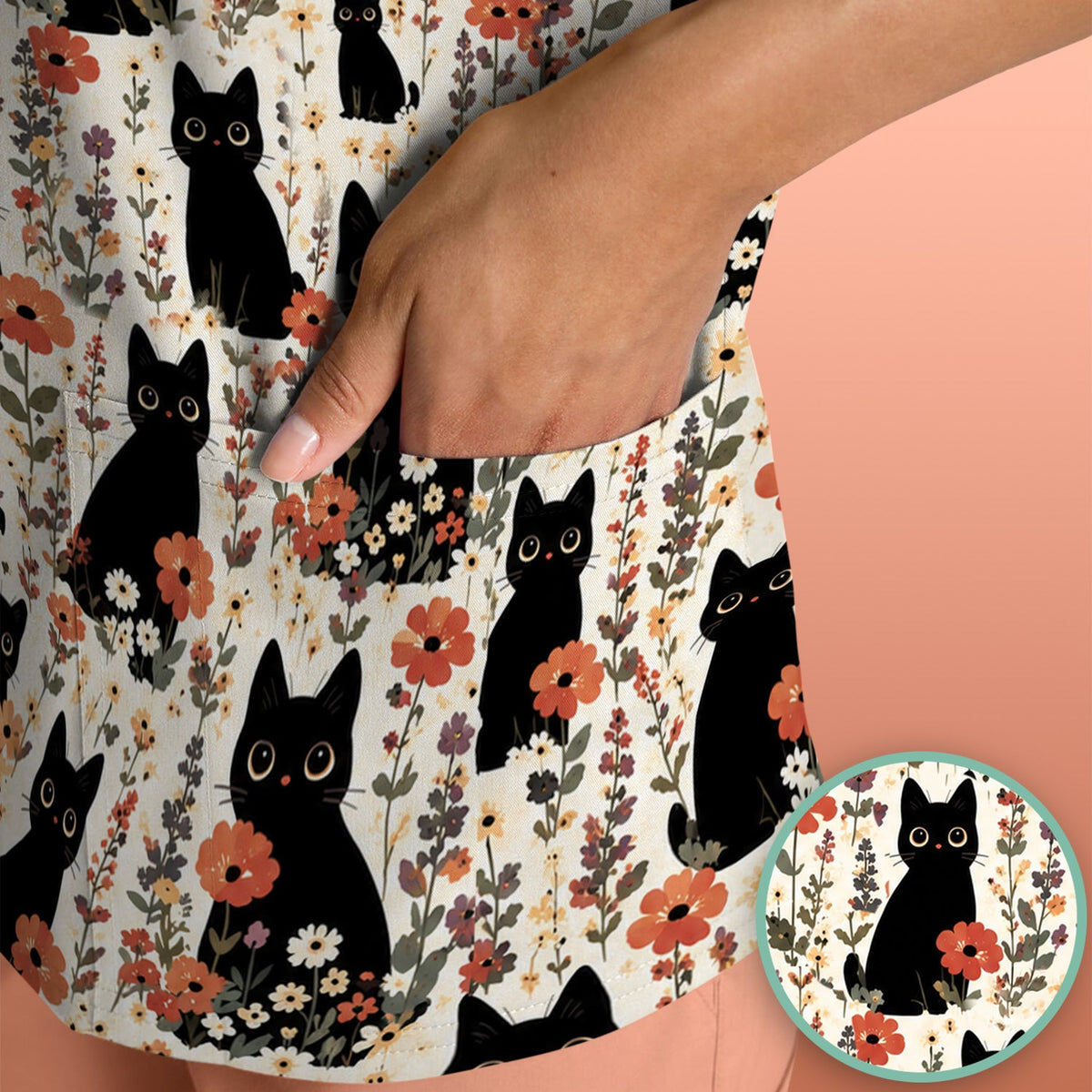 Cute Black Cat Wildflower Nurse Scrub Top
