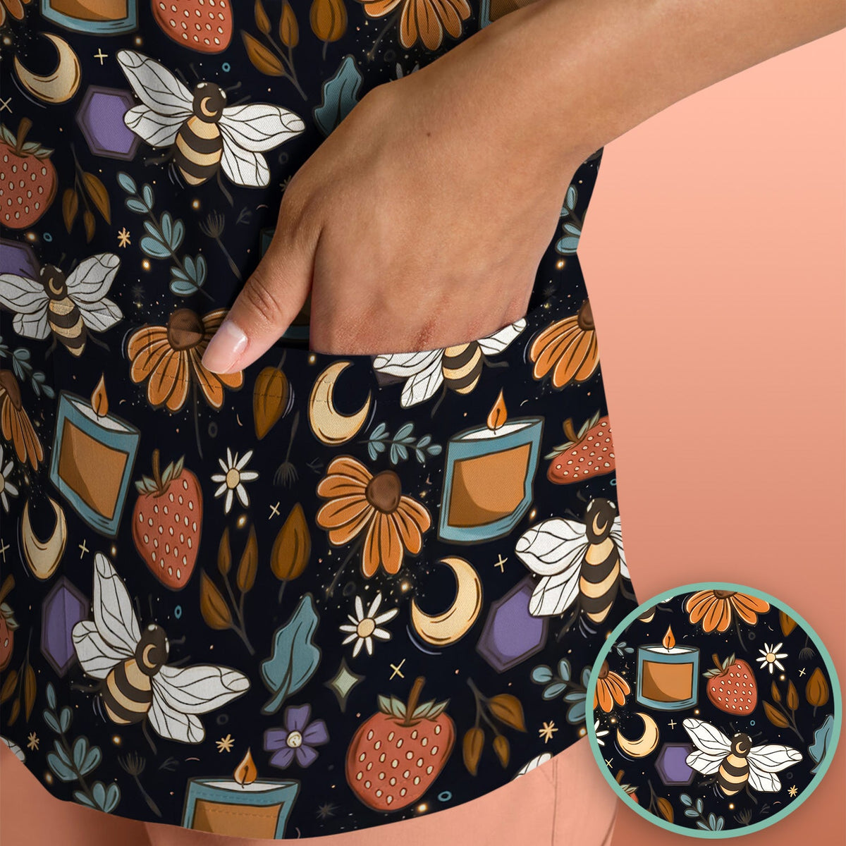 Bee Strawberry Floral Candle Nurse Scrub Top