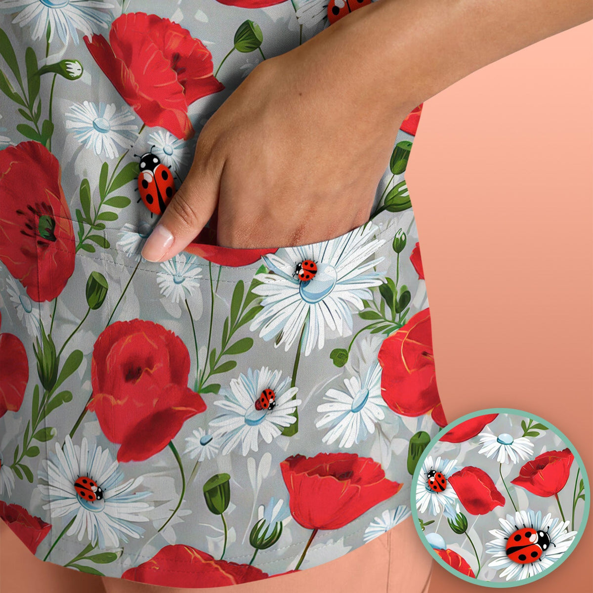 Red Poppy Daisy Ladybug Nurse Scrub Top