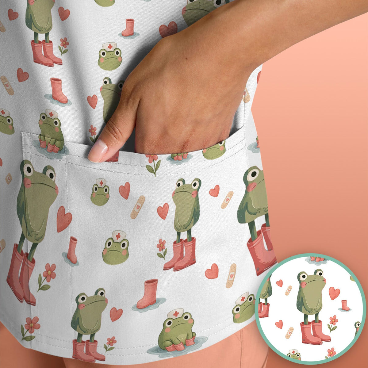 Adorable Frog Boots Heart Pattern Scrub Top, Comfortable Scrubs for Nurses