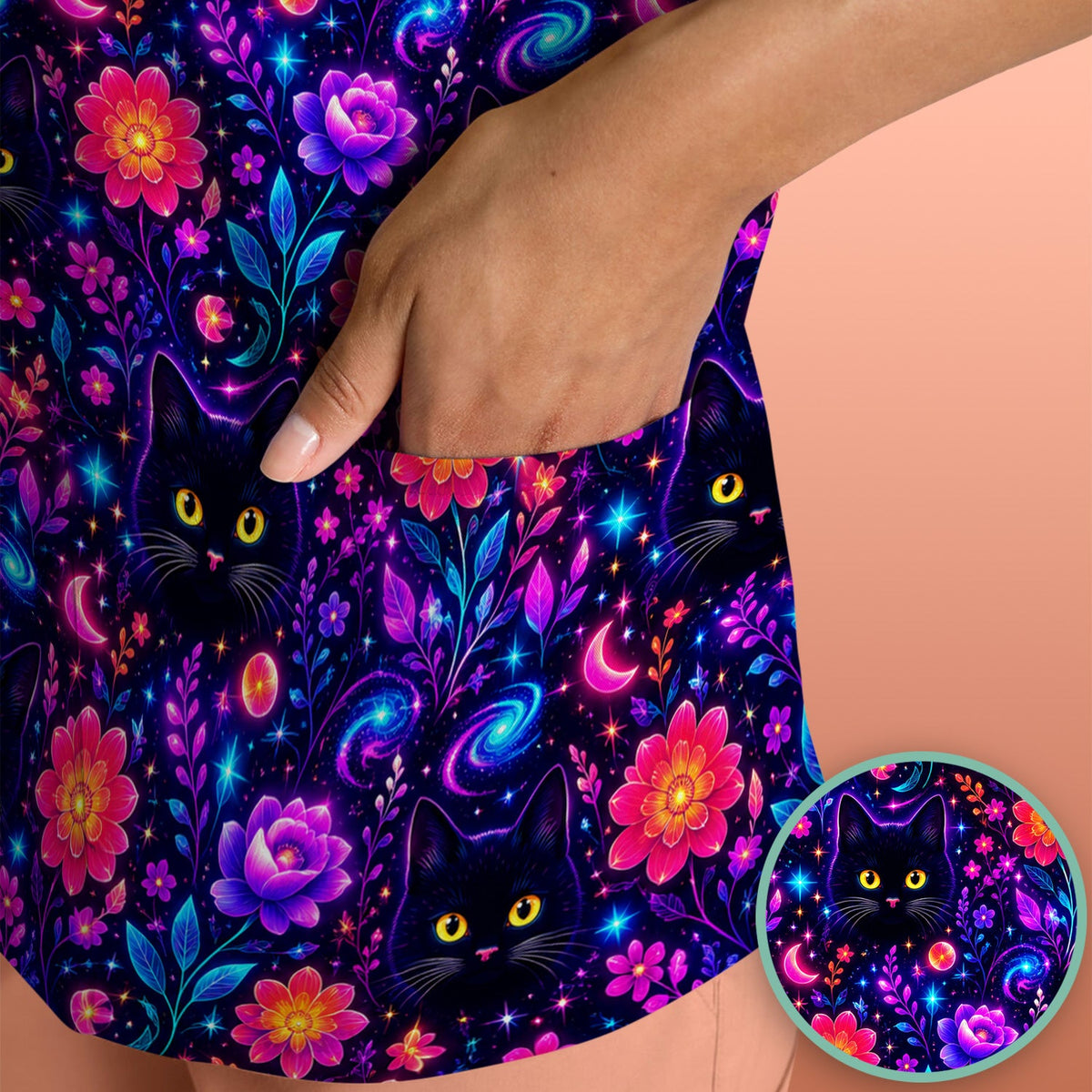 Galaxy Black Cat Floral Nurse Scrub Top