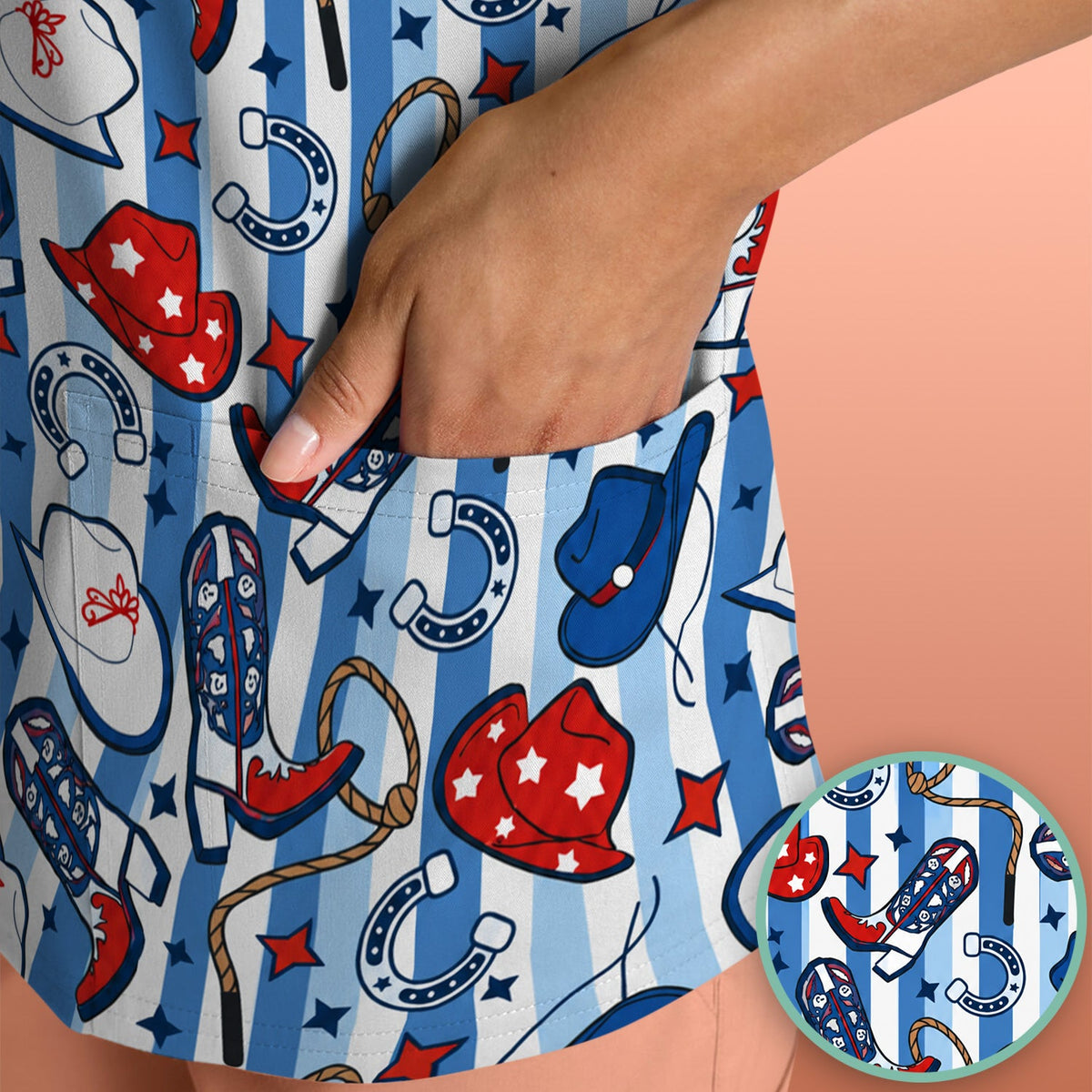 Western Cowboy Boots Hats Nurse Scrub Top