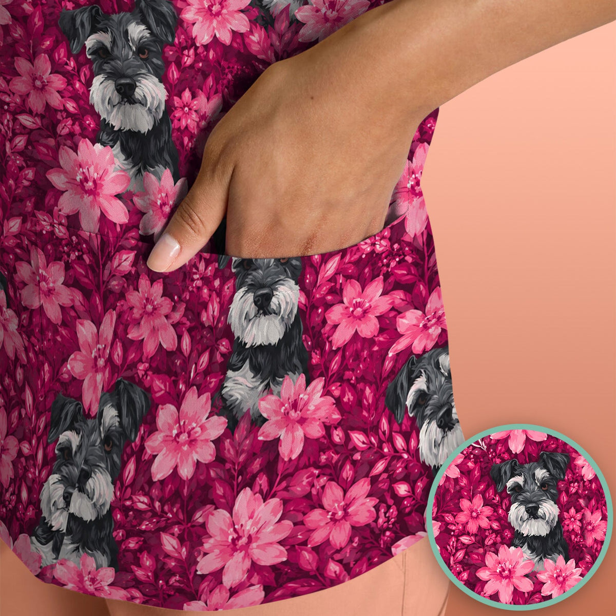 Pink Floral Schnauzer Nurse Scrub Top