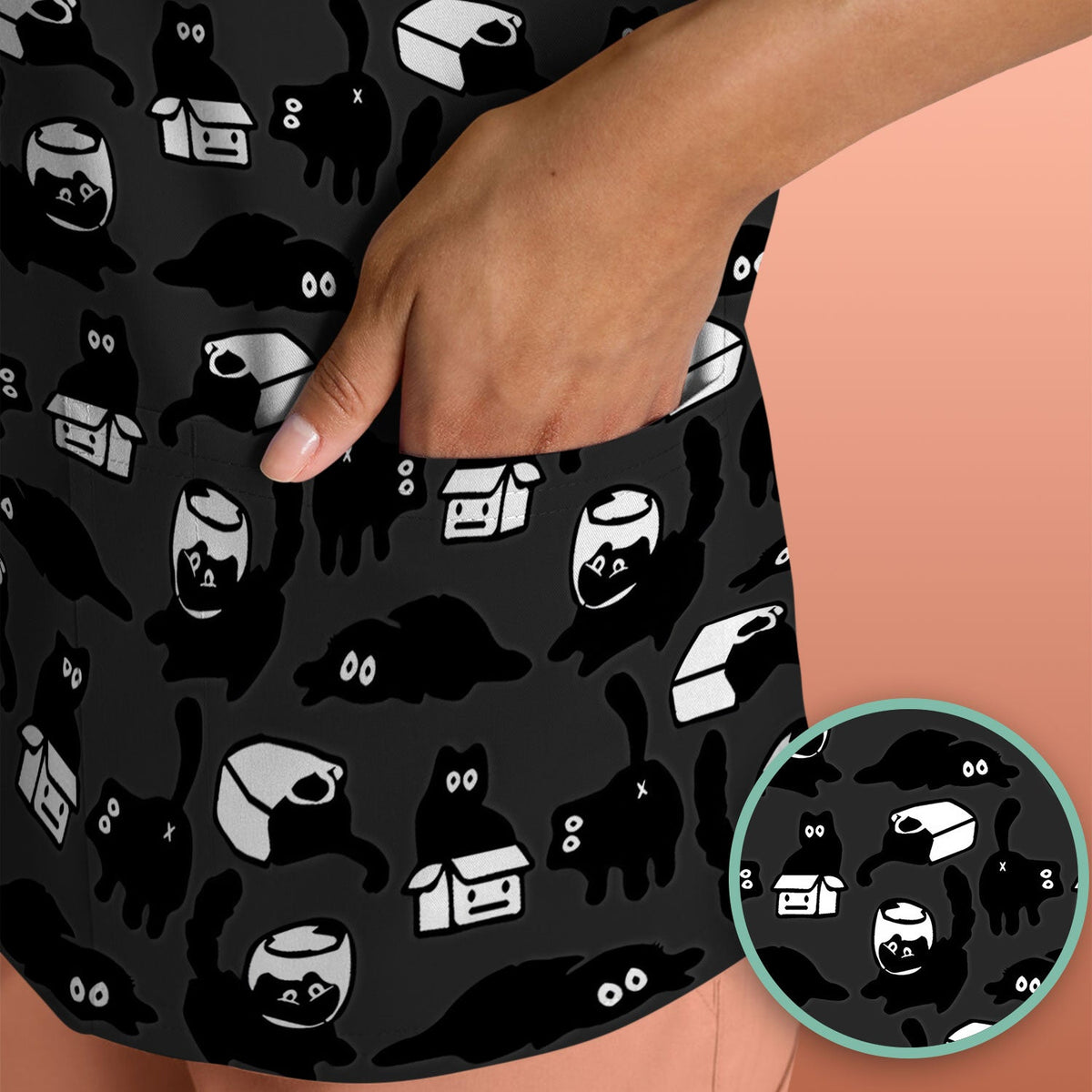 Dark Playful Cat Nurse Scrub Top
