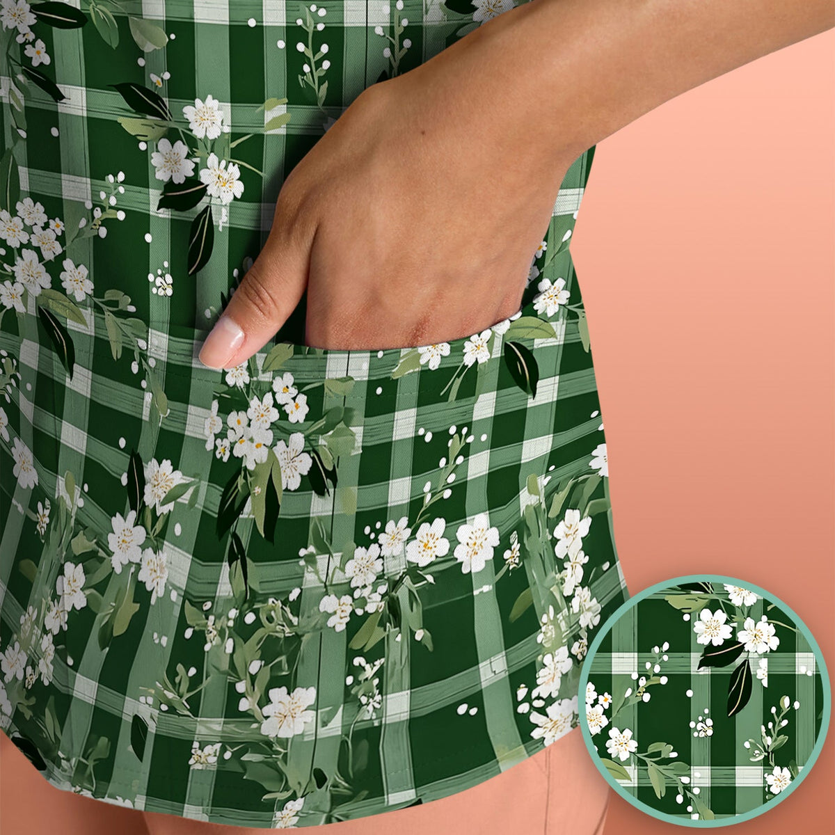 Green Gingham Floral Nurse Scrub Top