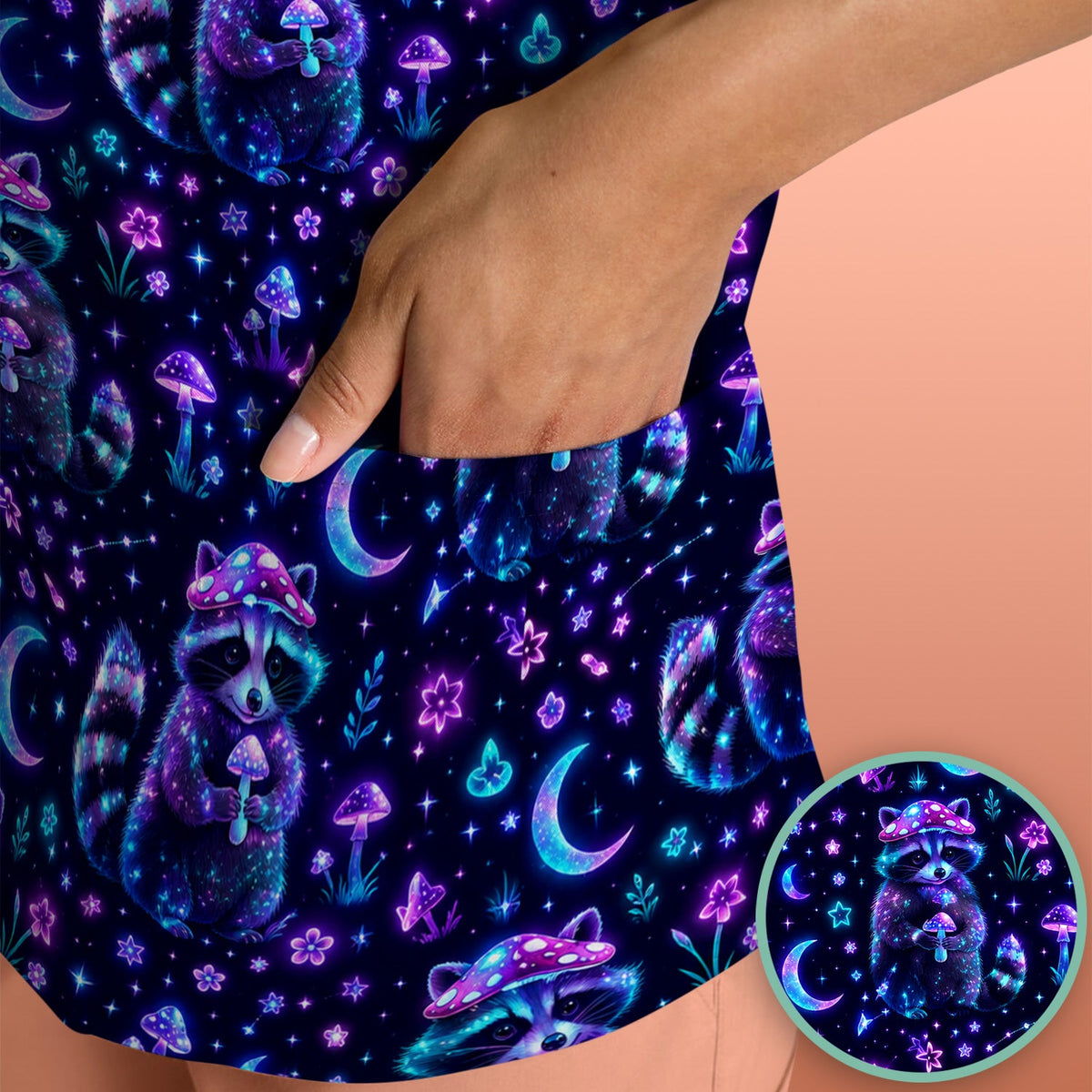 Neon Mushroom Raccoon Moonlight Nurse Scrub Top