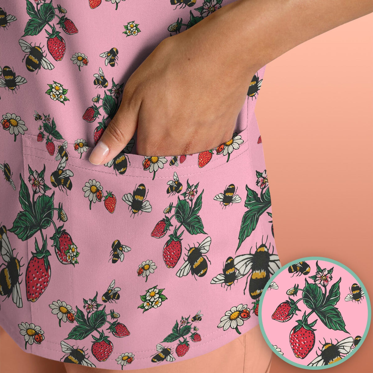 Strawberry Bee Daisy Nurse Scrub Top
