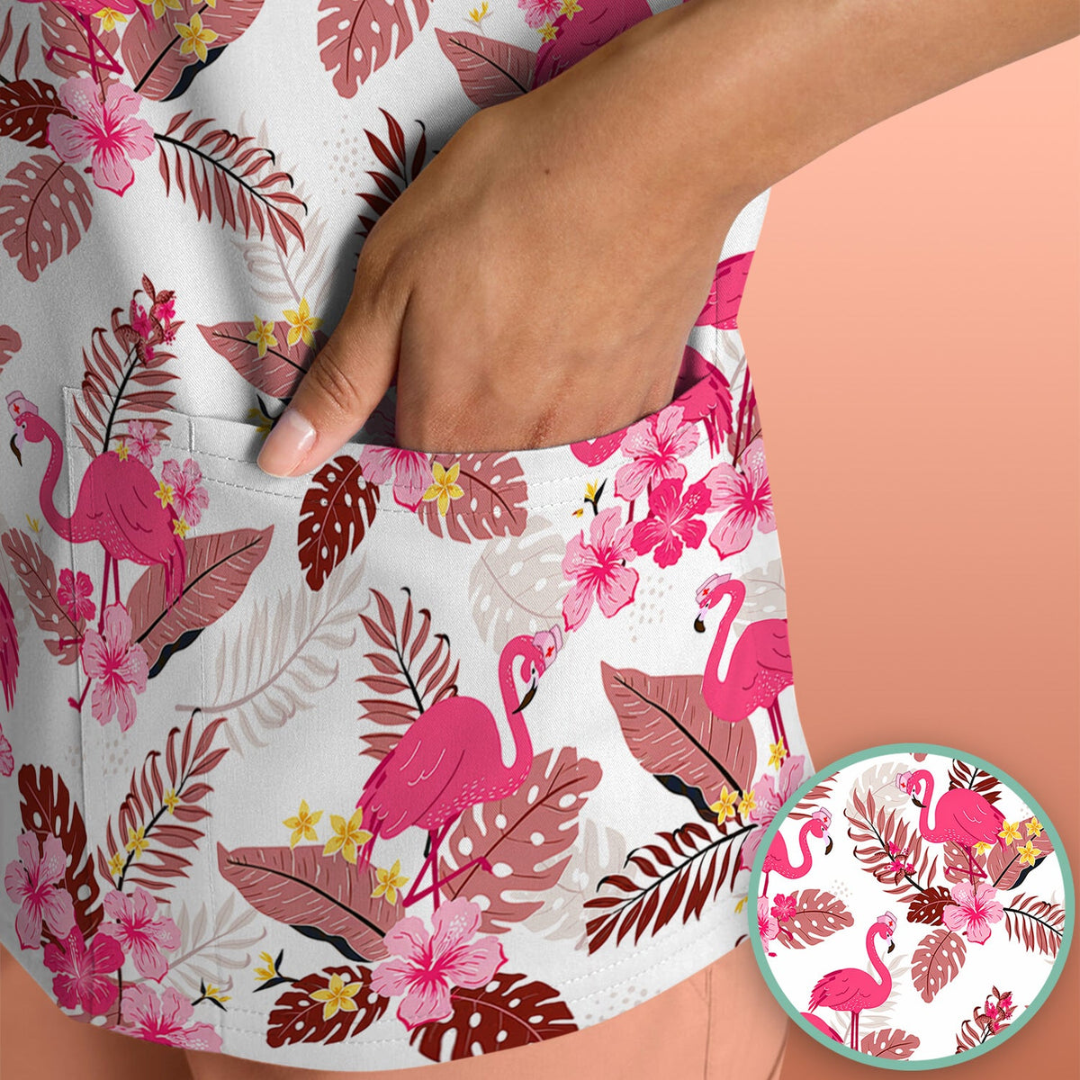 Pink Flamingo Tropical Floral Nurse Scrub Top