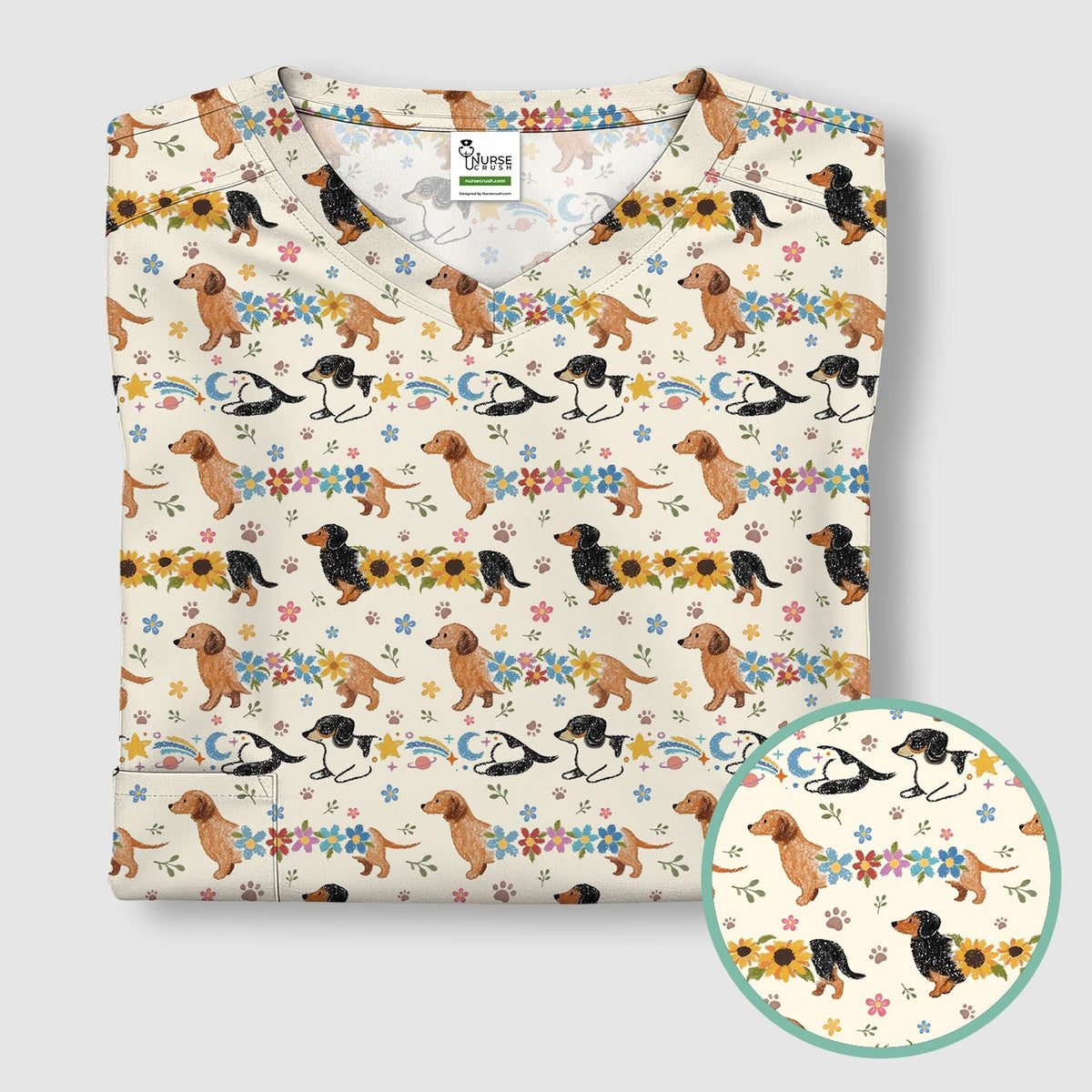 Floral Wiener Dog Nurse Scrub Top