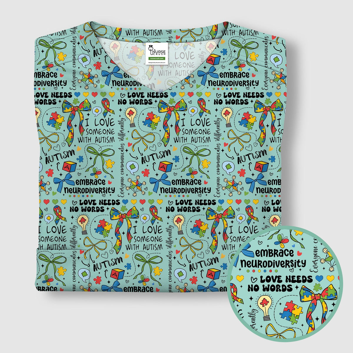 Autism Awareness Puzzle Ribbon Pastel Nurse Scrub Top