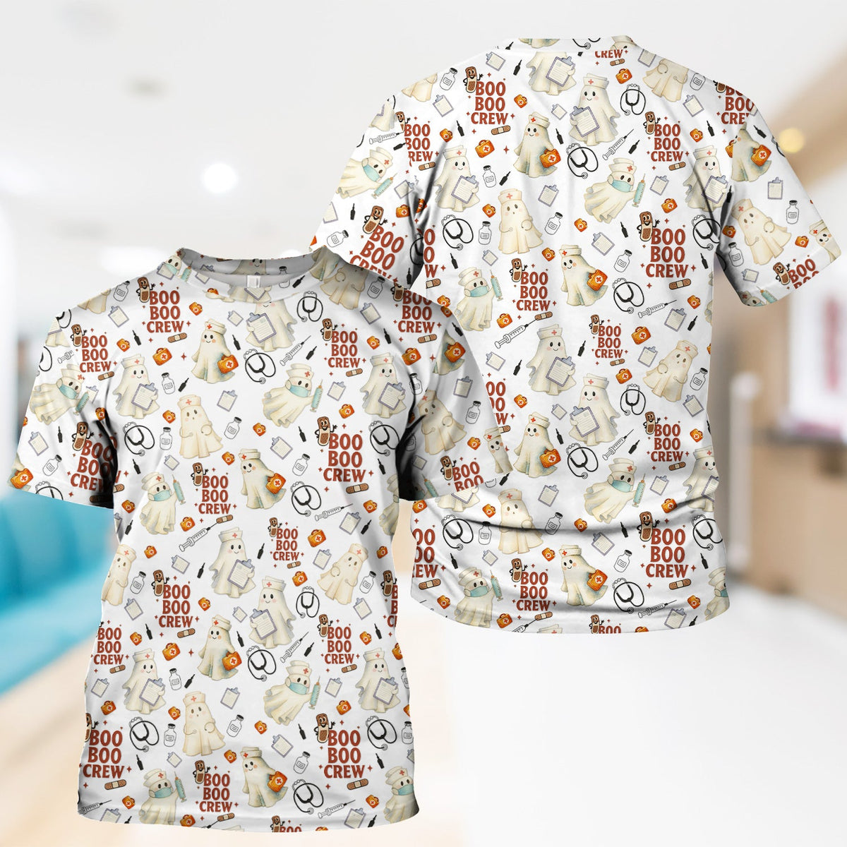 Boo Boo Crew Funny Ghost Nurse Scrub Top