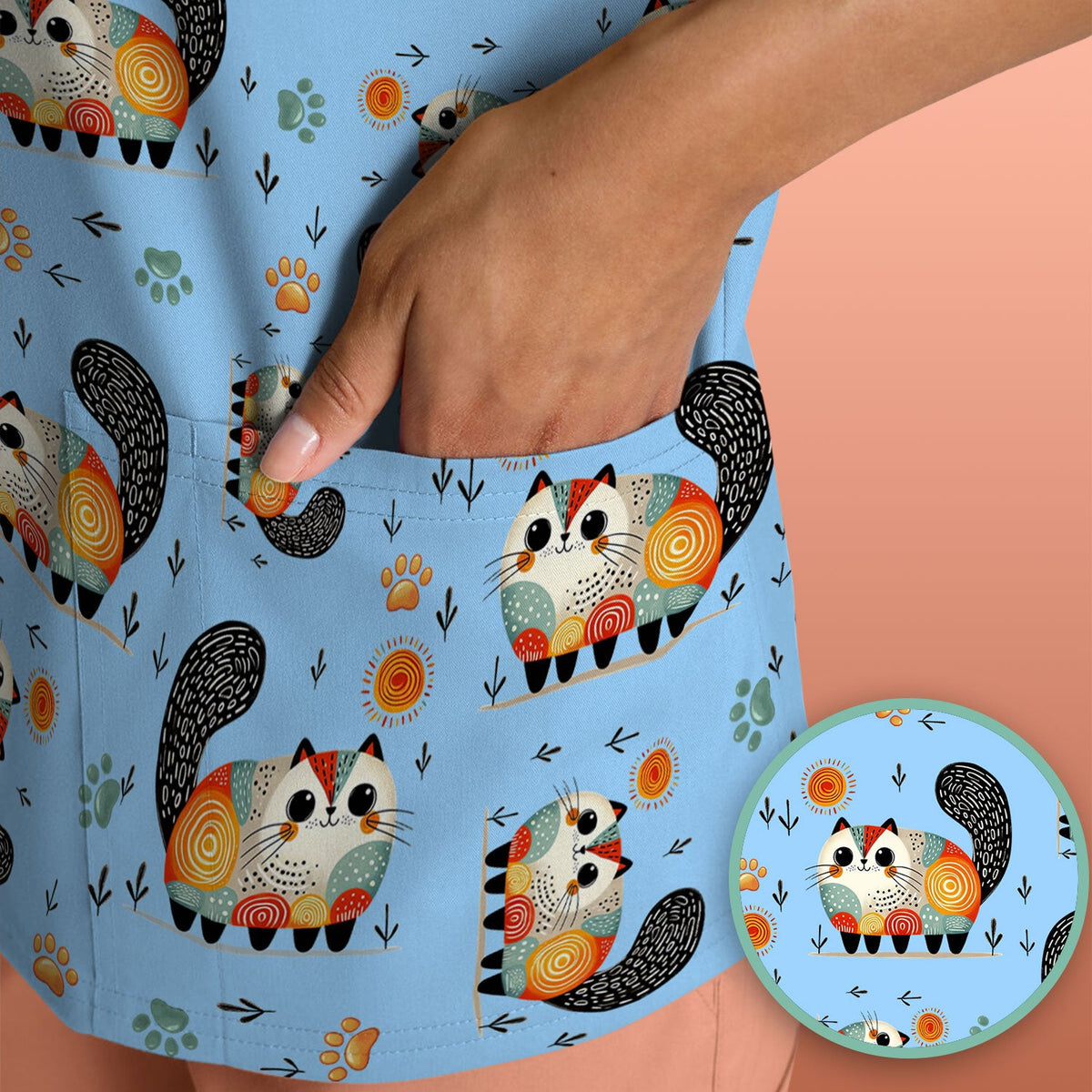 Cat Illustration Nurse Scrub Top