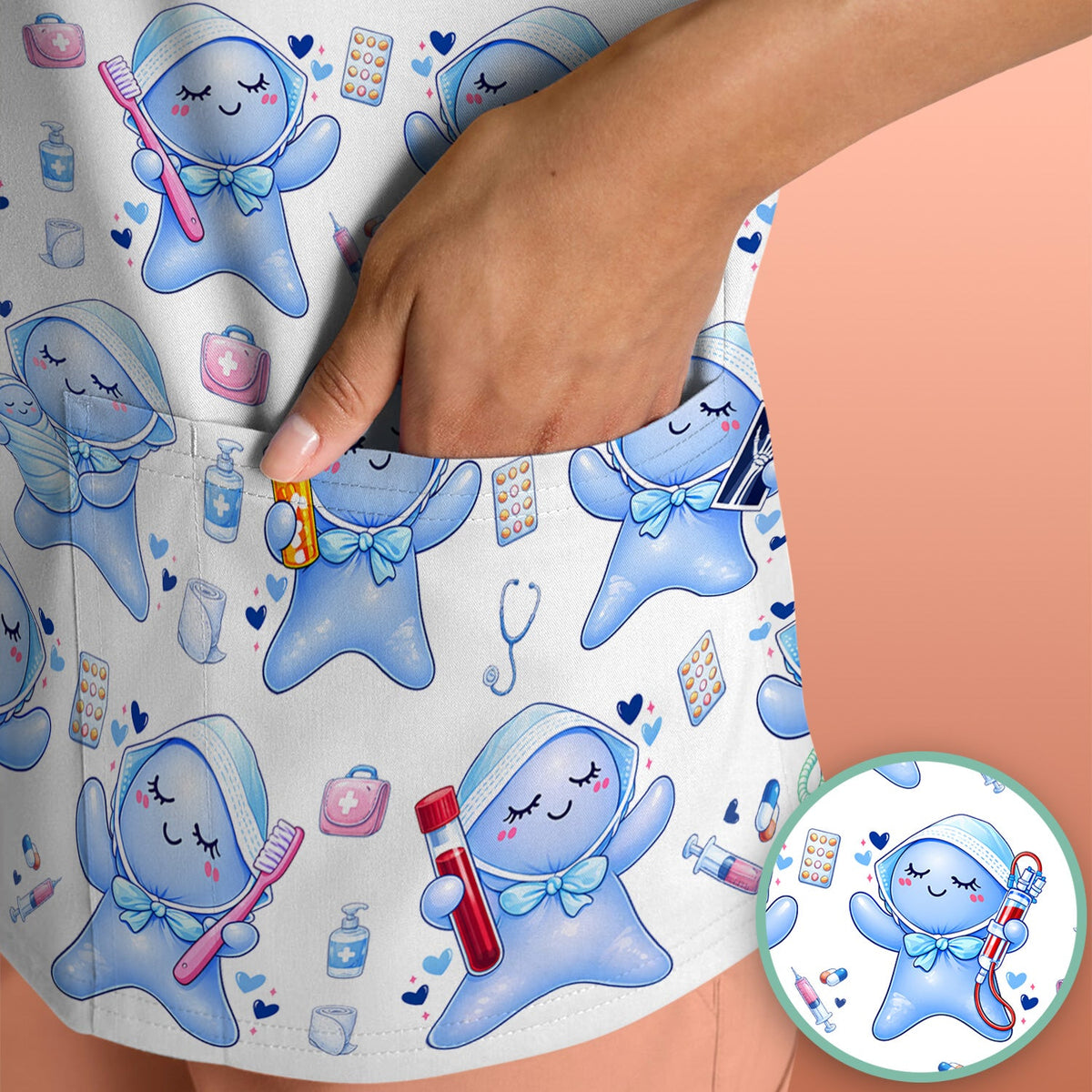 Dental Tooth Character Nurse Scrub Top