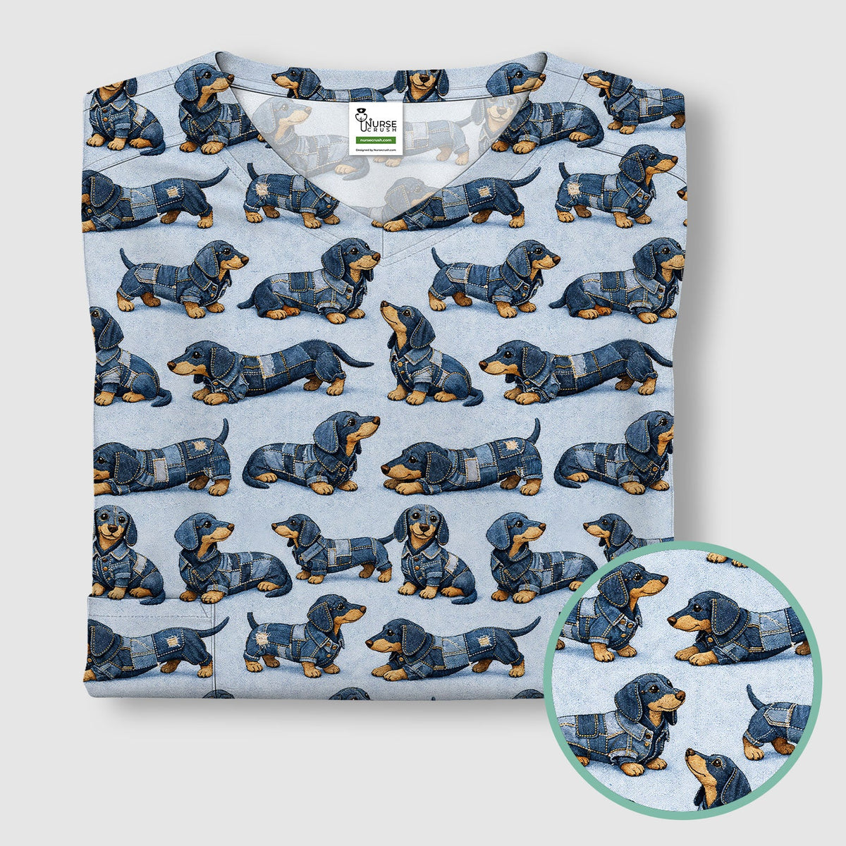 Denim Dachshund Dog Pattern Scrub Top, Breathable Fabrics Nursing Uniform