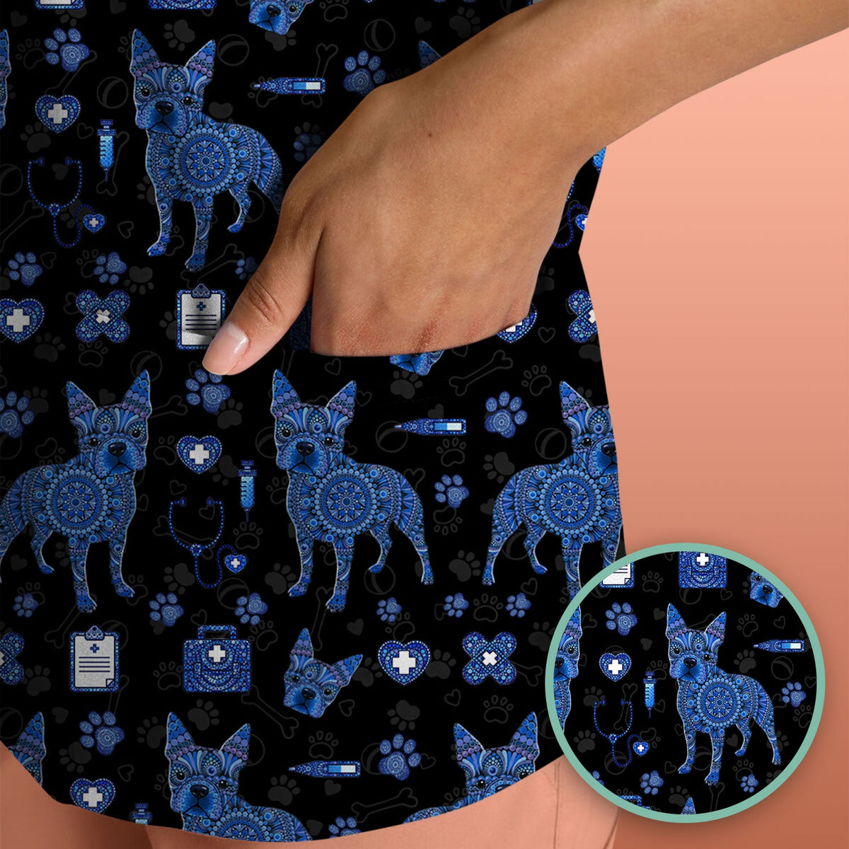 Blue Heeler Australian Cattle Dog Scrub Top, Australia Dot Art Pattern Shirt, Breathable Fabrics Nursing Uniform