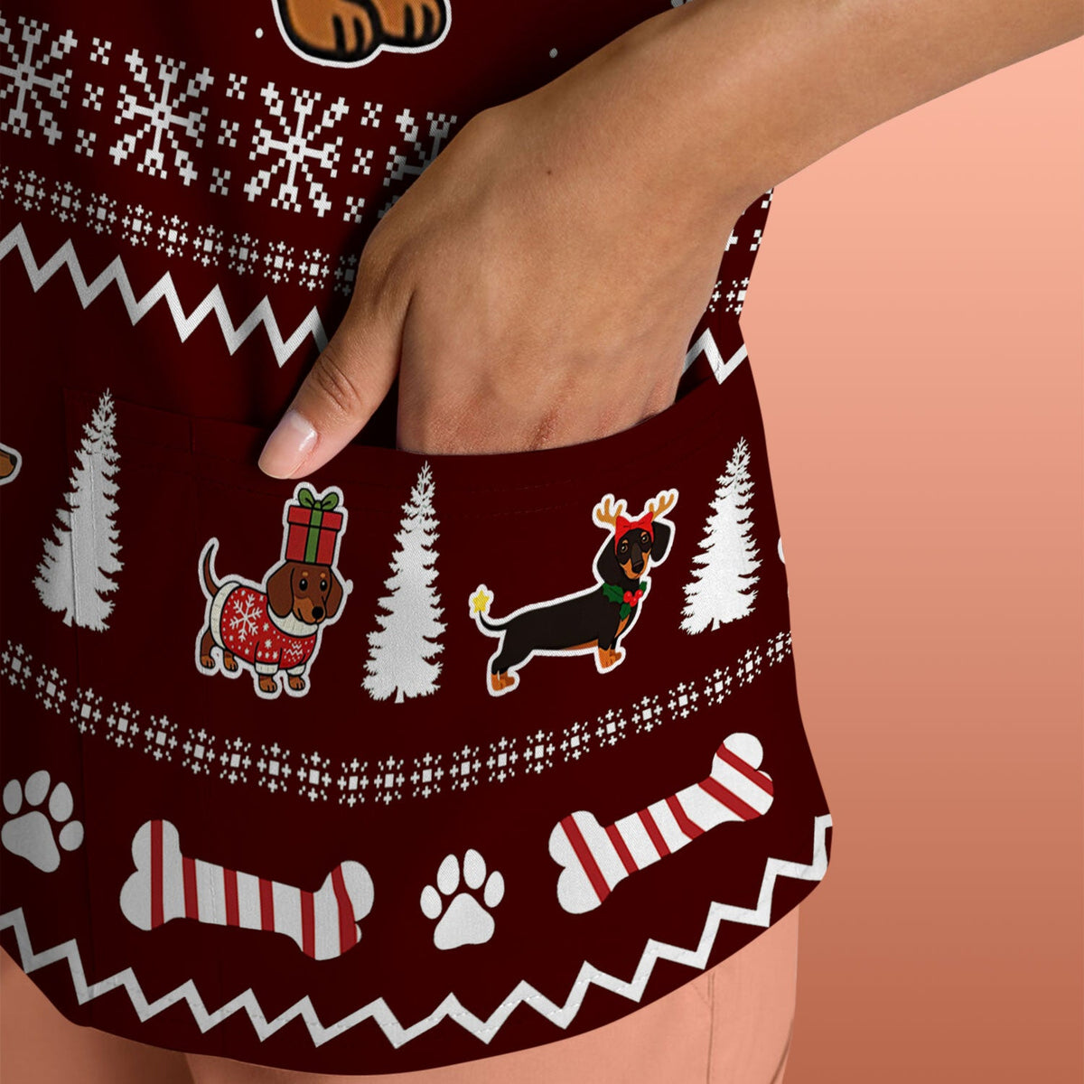 Christmas Dachshund Nurse Scrub Top for Women - Cute Sausage Dog Wearing Lights - Funny Holiday Medical Shirt Gift for RN CNA LPN