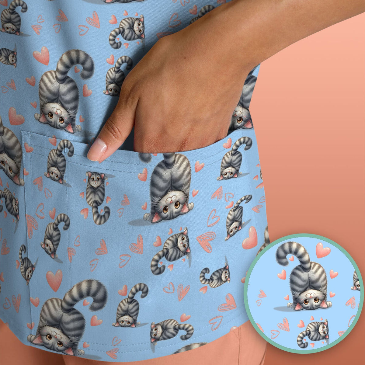 Valentine Cute Cat Scrub Top, Cat Heart Pattern Nurse Uniform, Comfortable Scrubs For Nurses