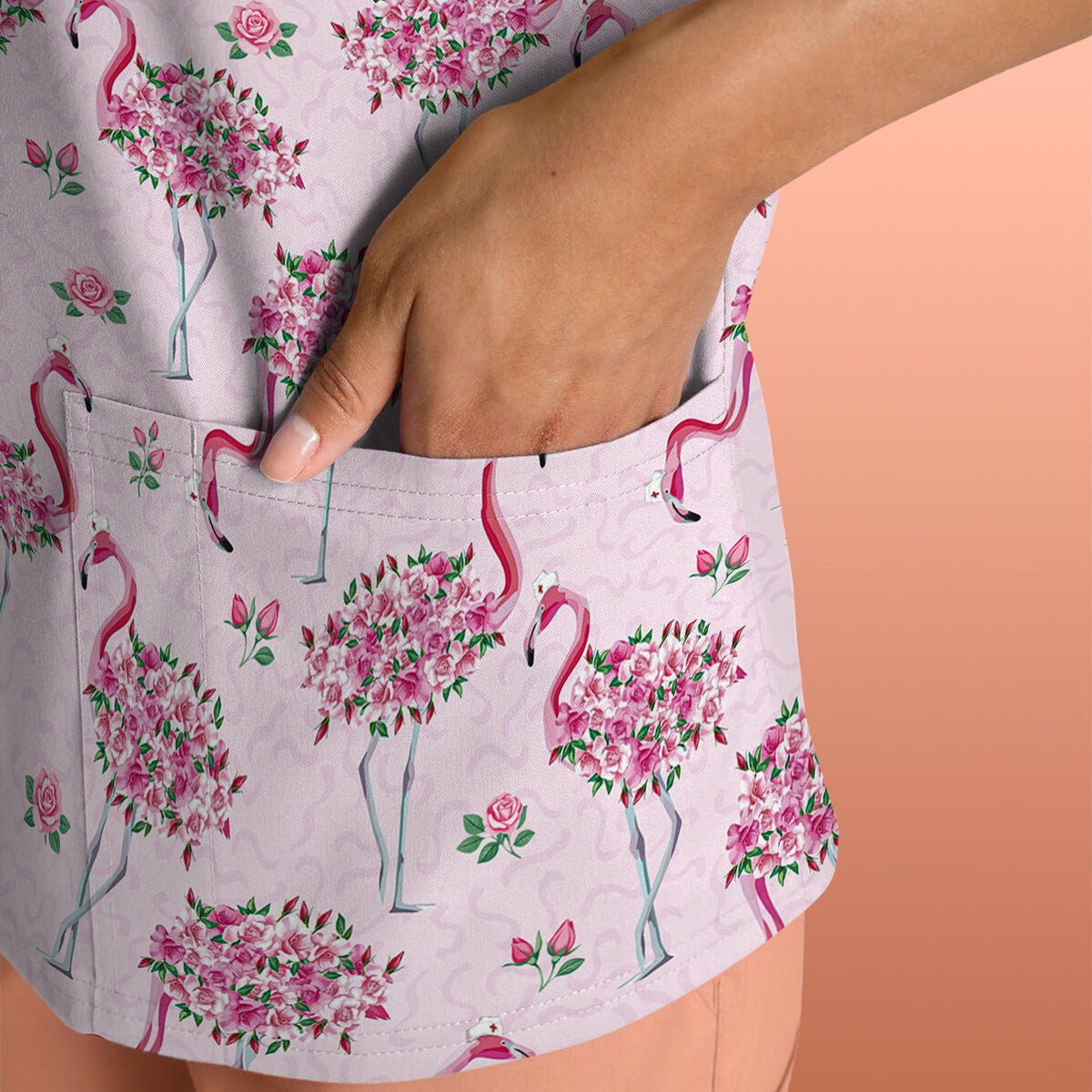 Pink Flamingo Floral Pattern Scrub Top, Comfortable Scrubs for Nurses