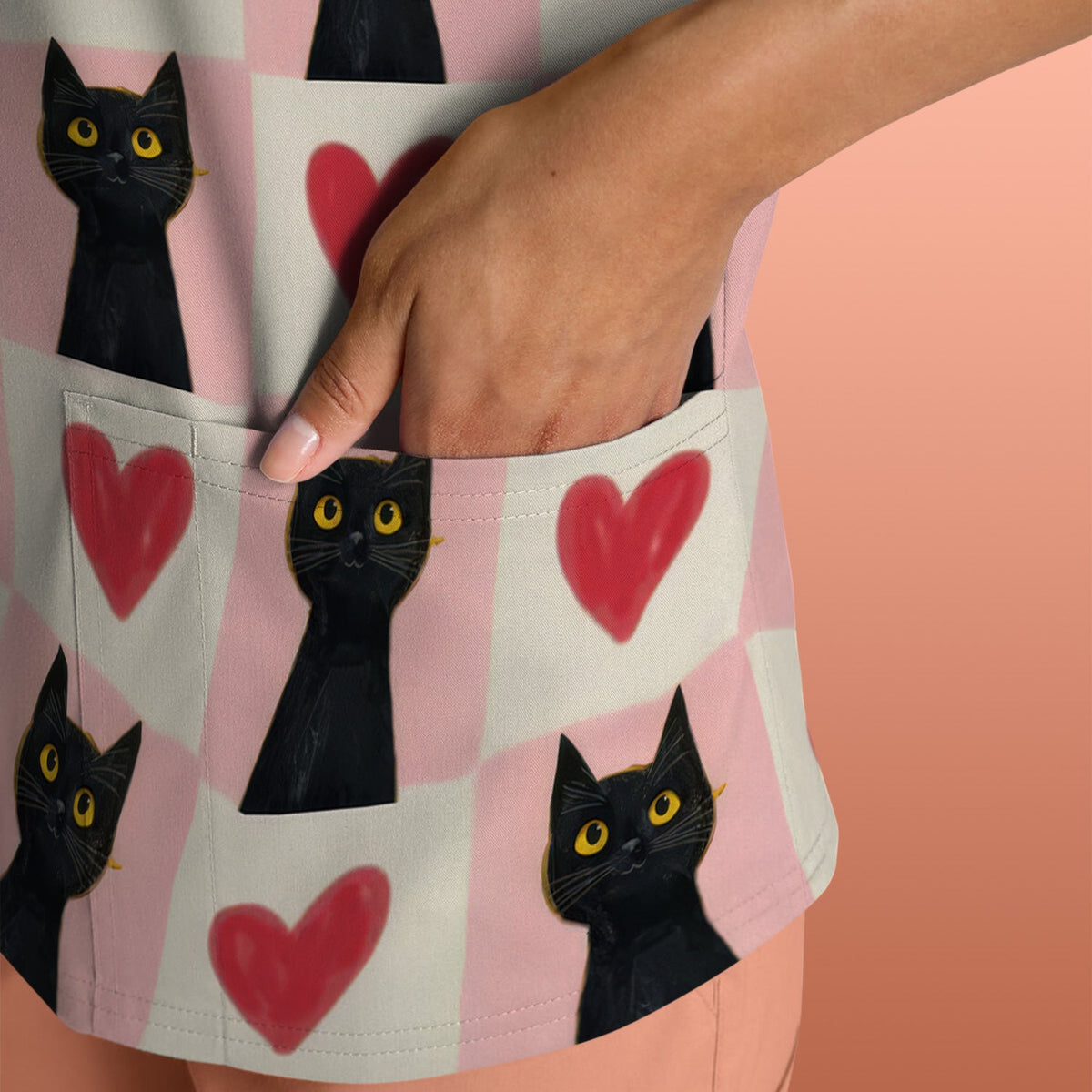 Cute Black Cat Heart Nurse Scrub Top