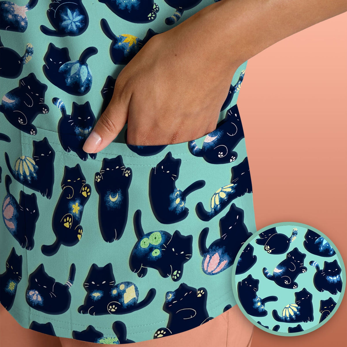 Midnight Black Cat Nurse Scrub Top