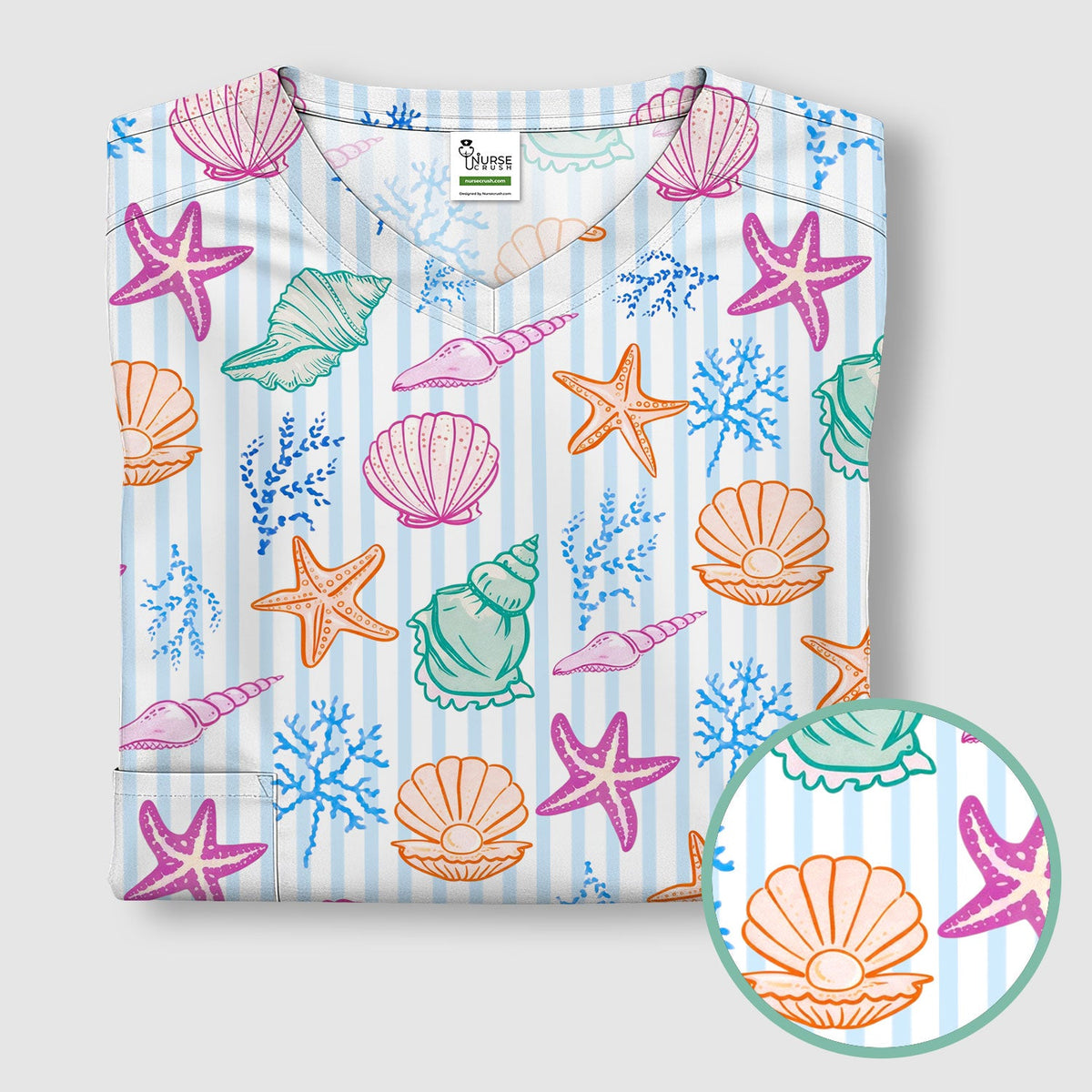 Colorful Seashell Starfish Ocean Stripe Nurse Scrub Top