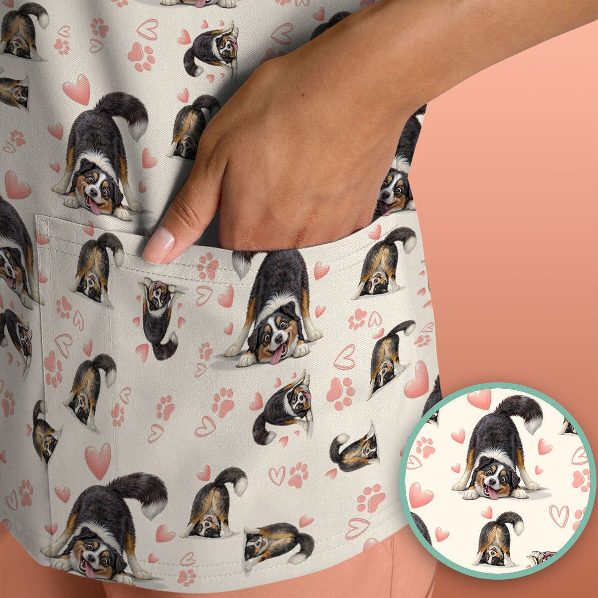 Playful Dog Heart Medical Print Scrub Top, Breathable Fabrics Nursing Uniform