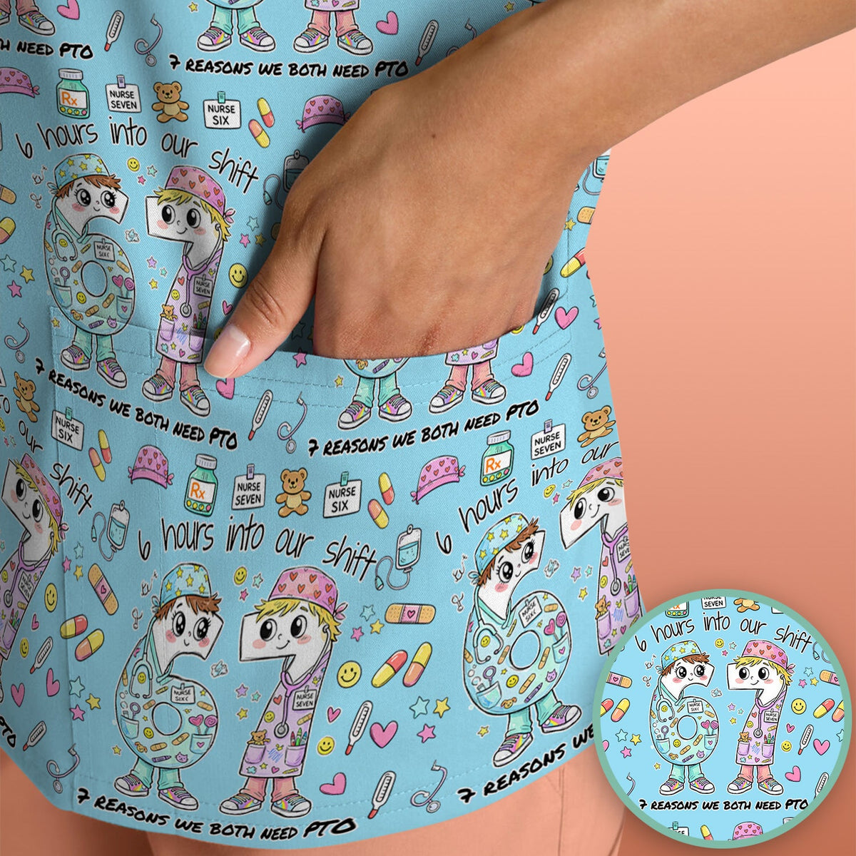 Six Hours Into Shift Blue Nurse Scrub Top