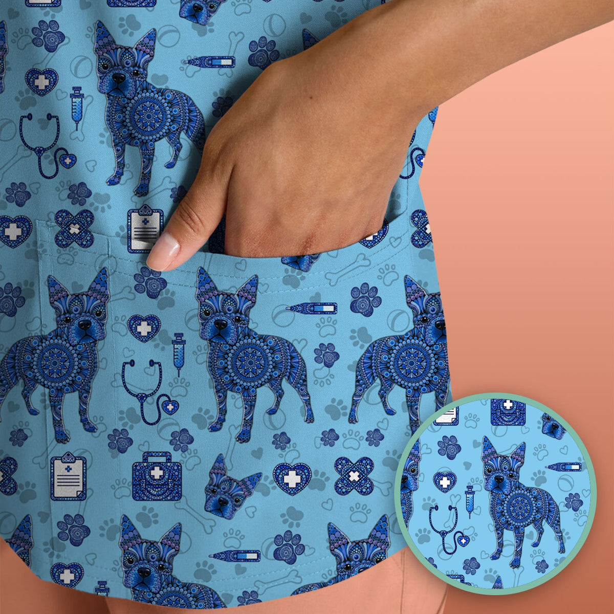 Blue Heeler Australian Cattle Dog Scrub Top, Australia Dot Art Pattern Shirt, Breathable Fabrics Nursing Uniform
