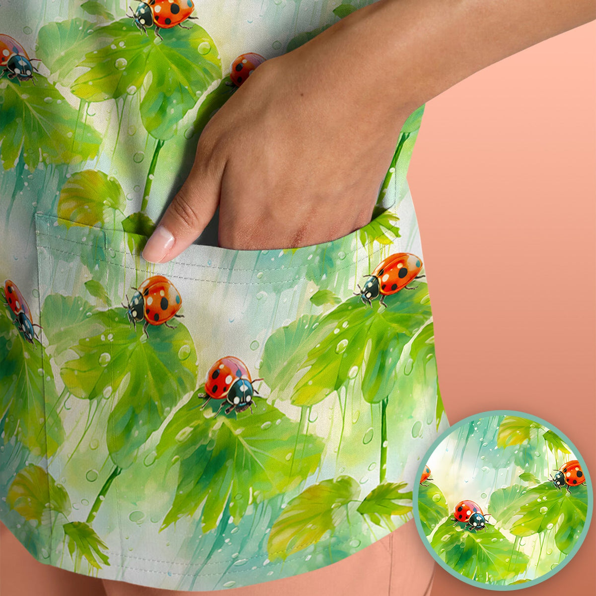Ladybugs On Rainy Leaves Nurse Scrub Top