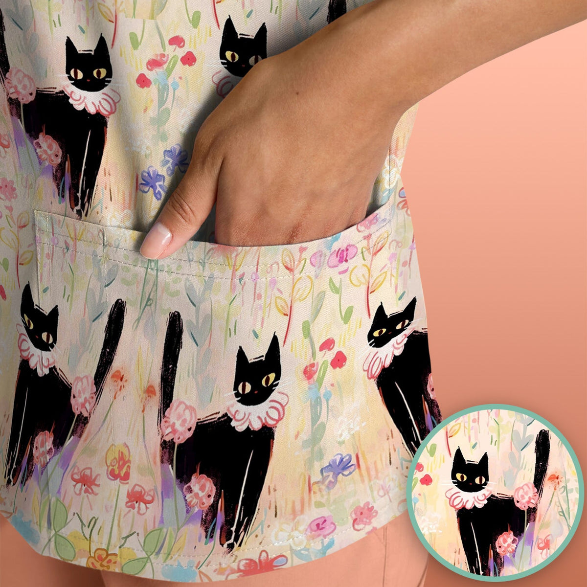 Black Cat Floral Garden Nurse Scrub Top
