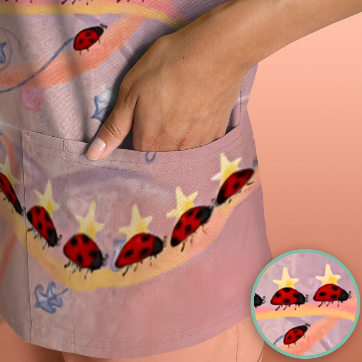 Ladybug Star Vine Swirl Nurse Scrub Top