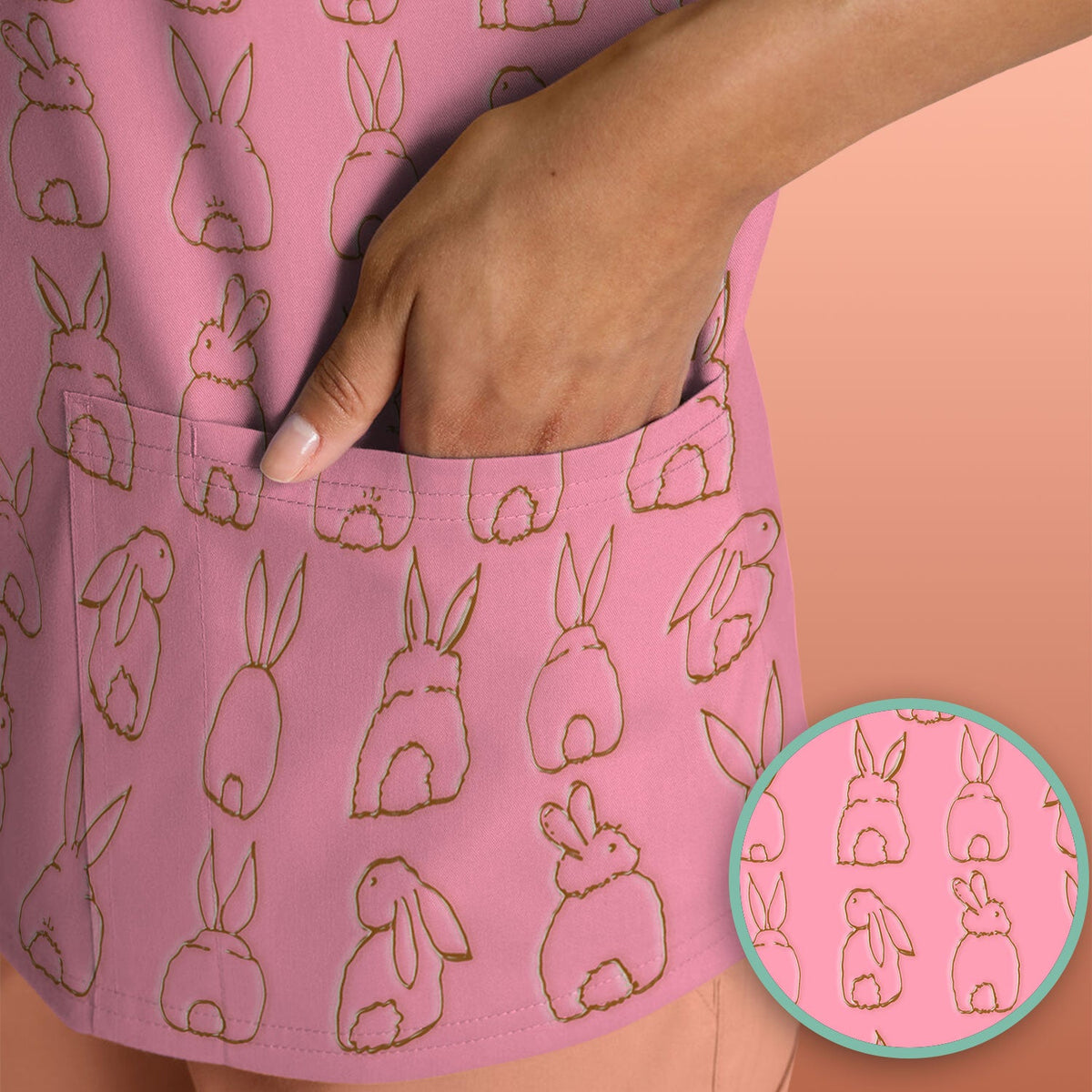 Cartoon Bunny Line Art Nurse Scrub Top - Easter Gift