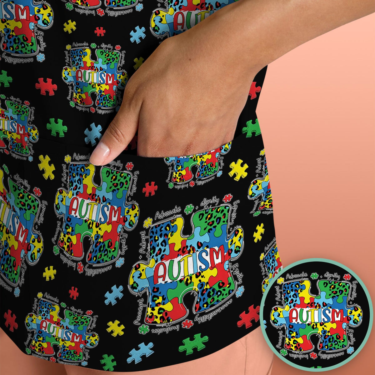 Autism Awareness Puzzle Black White Nurse Scrub Top