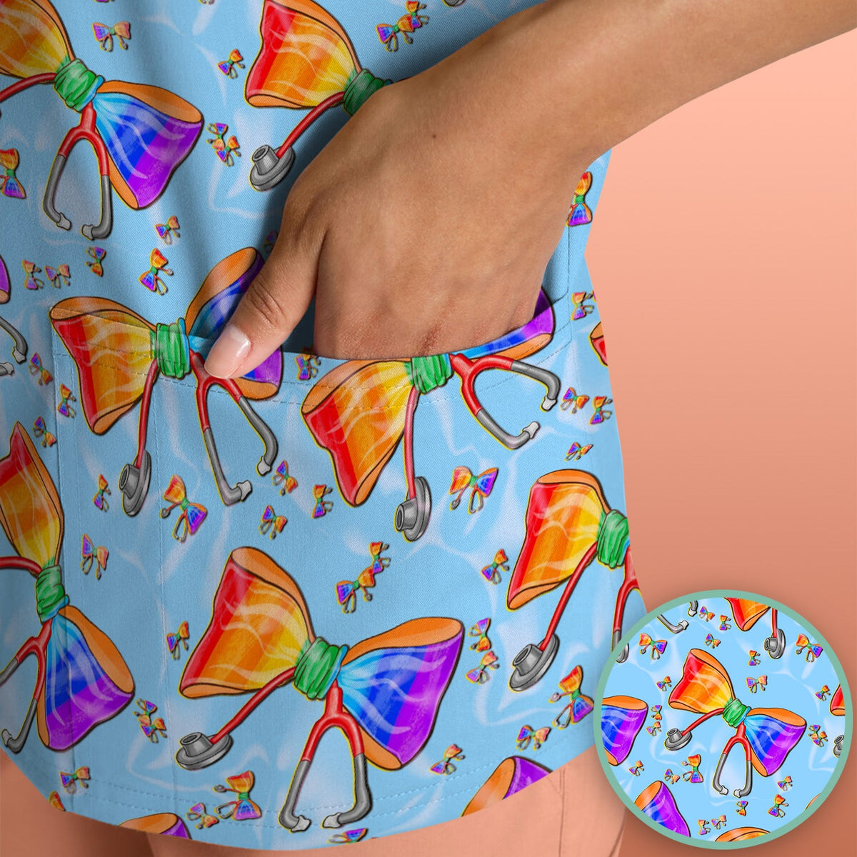 Colorful Rainbow Bow Stethoscope Nurse Scrub Top