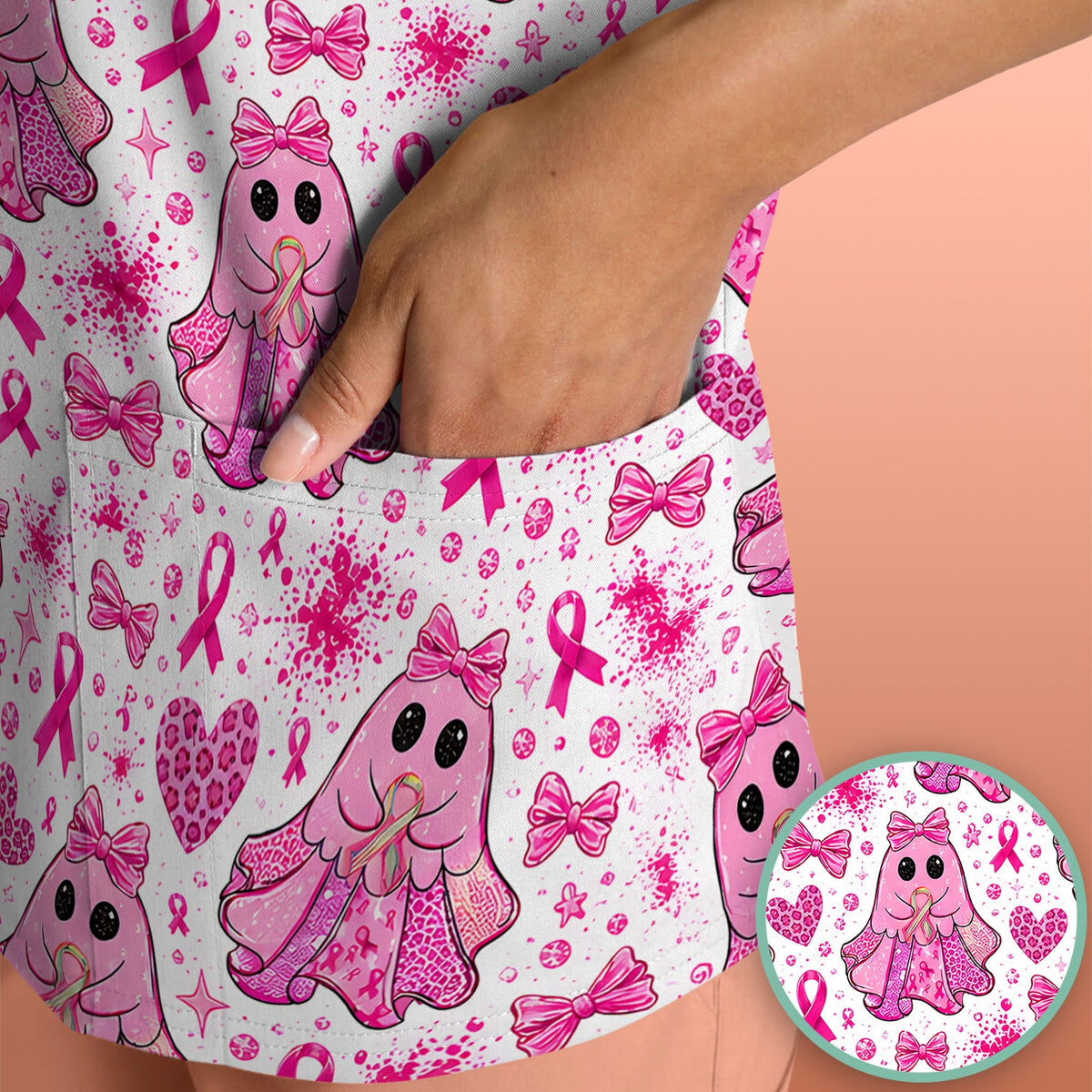 Breast Cancer Ribbon Ghost Princess Scrub Top, Comfortable Scrubs for Nurses