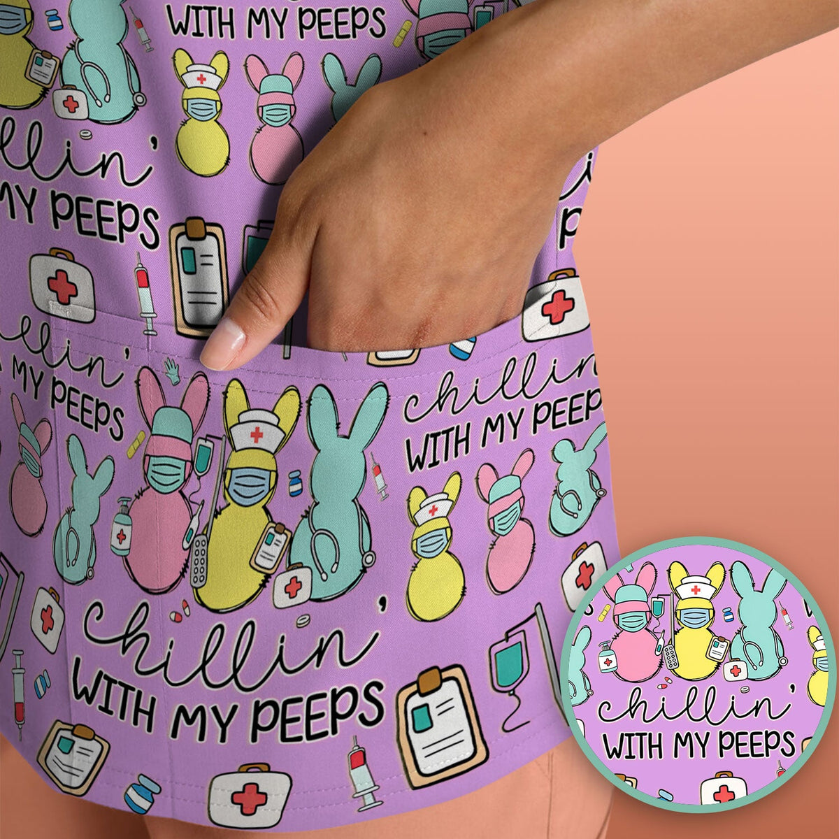 Bunny Nurse Chillin With My Peeps Scrub Top - Easter Gift